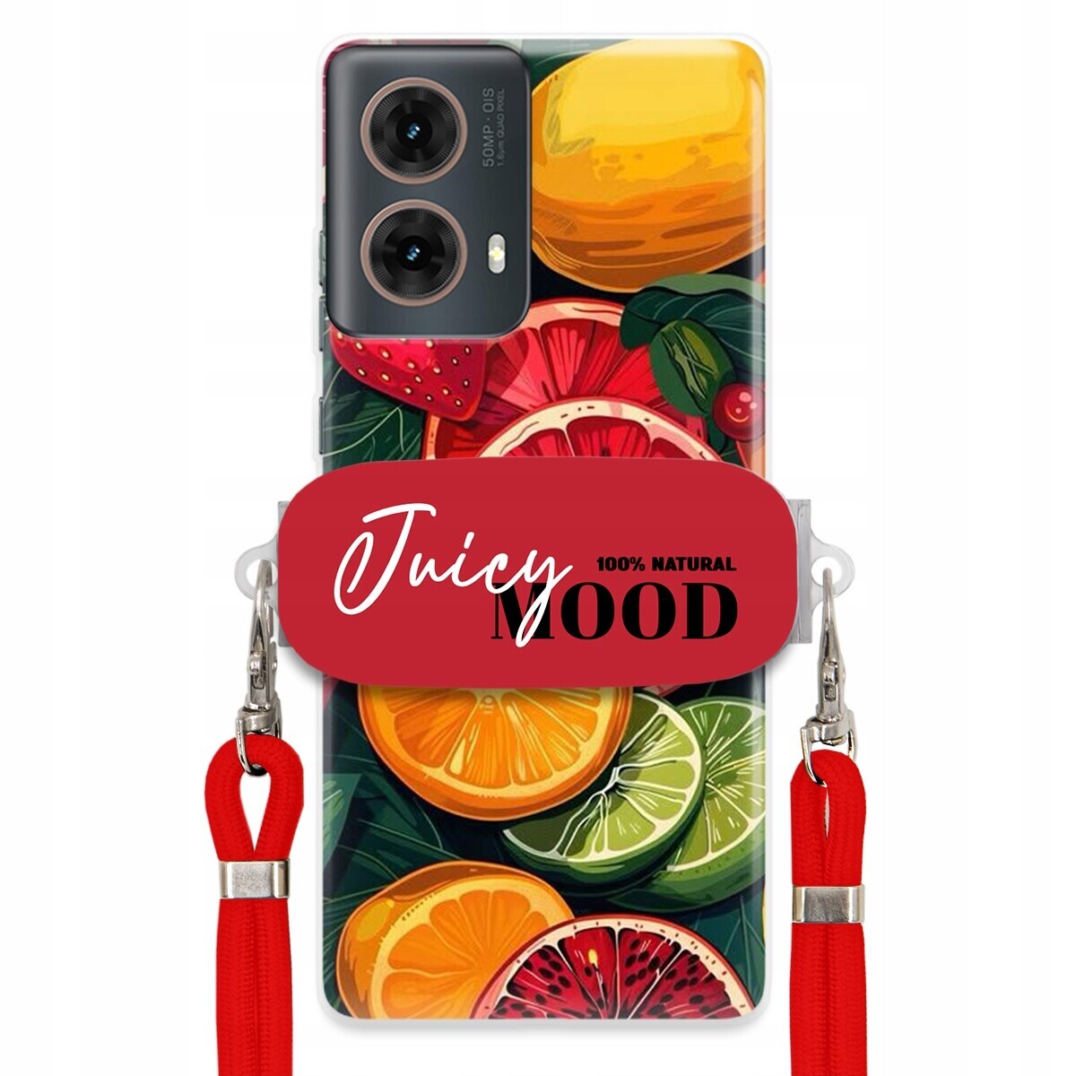 Pouzdro pro Motorola G85 Červené Crossbody vodítko Držák Juice Mood Ovoce