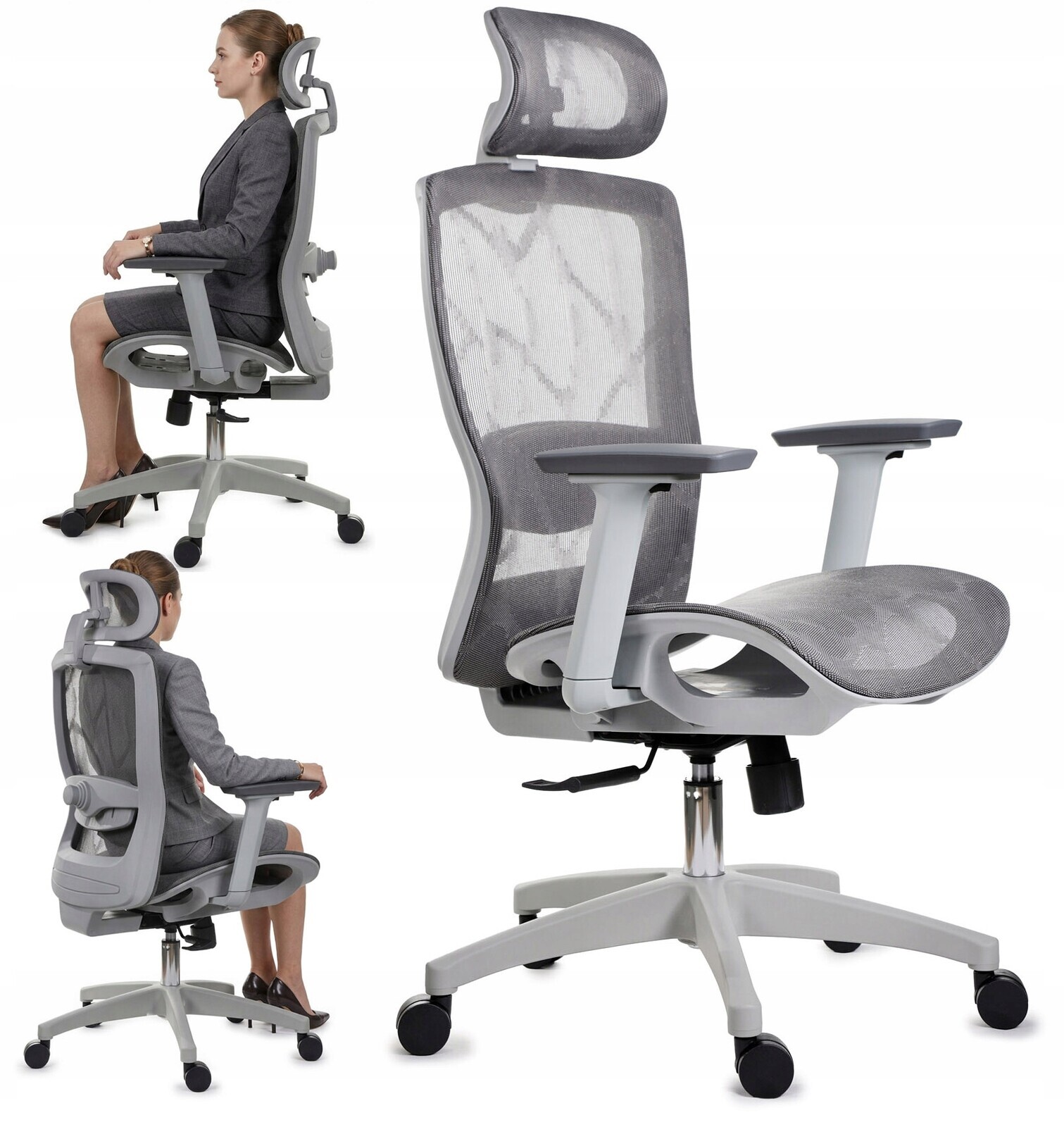 Ergonomická šedá pohodlná kancelářská židle s nastavitelnými područkami a opěrkou hlavy