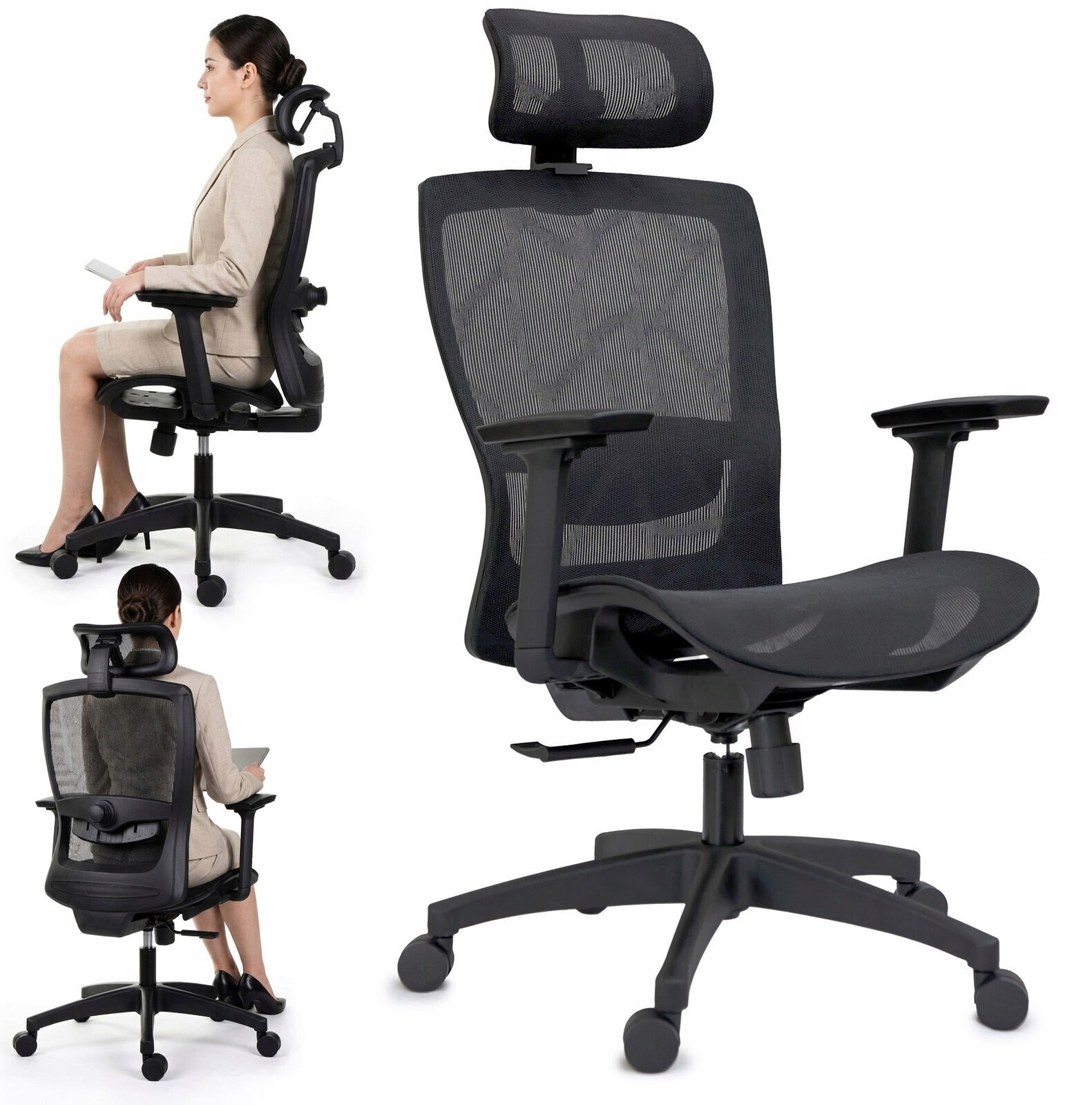 Ergonomické kancelářské křeslo, nastavitelné područky, opěrka hlavy a bederní opěrka