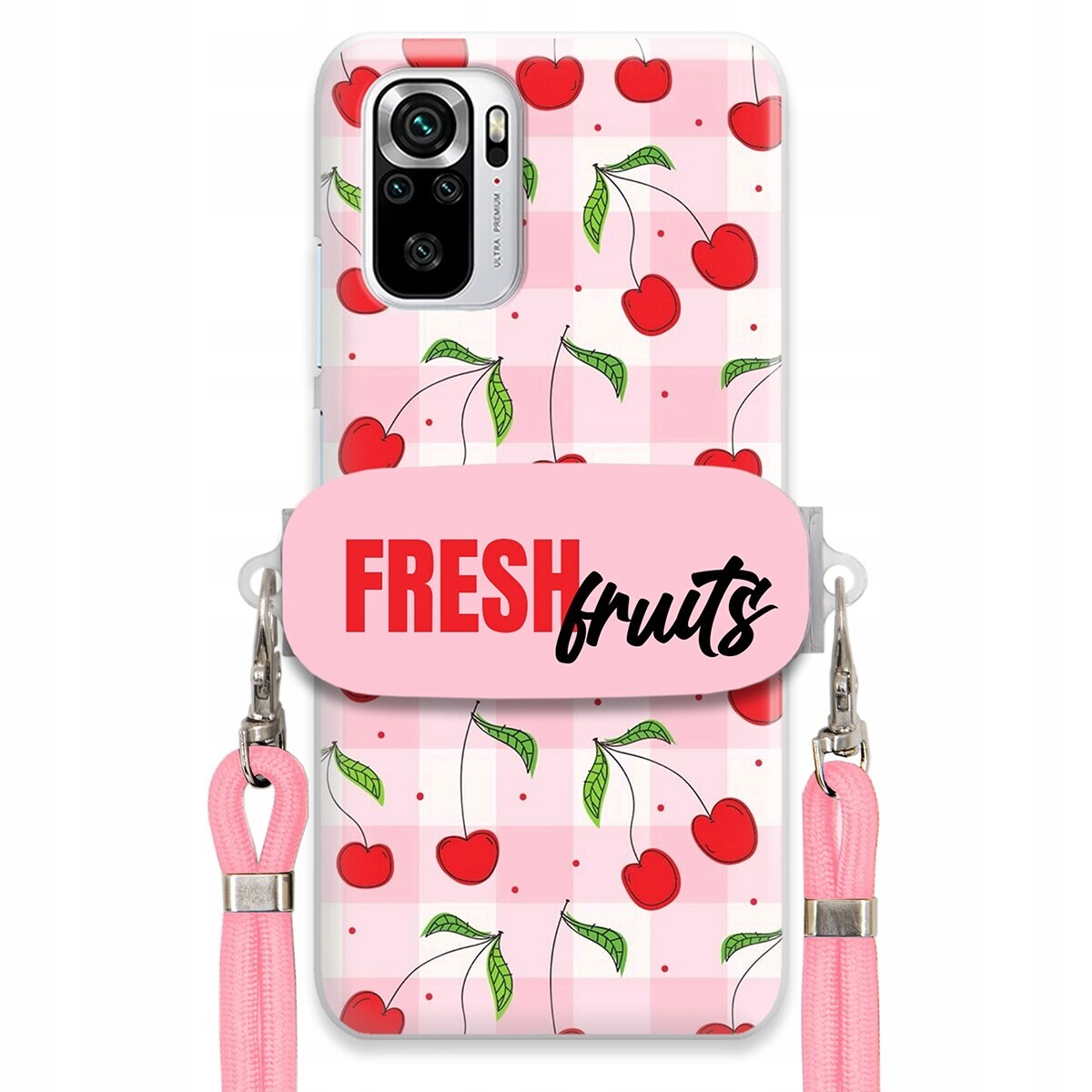 Pouzdro pro Xiaomi Redmi Note 10S Case Držák Šňůra Růžová Fresh Fruits Mřížka