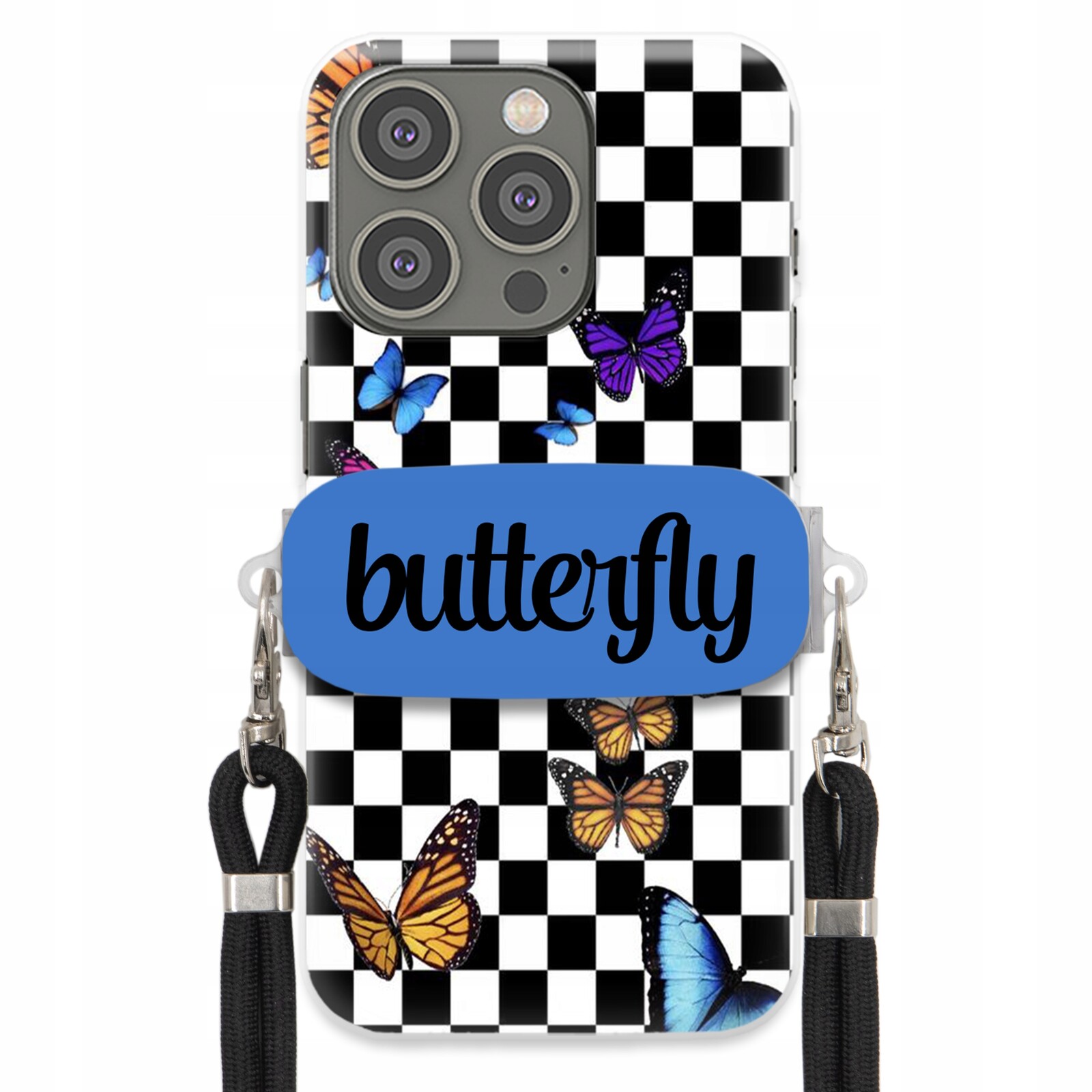 Pouzdro Pro Iphone 14 Pro Case Obdélníkový Držák Černé Smyčky Butterfly Motýli