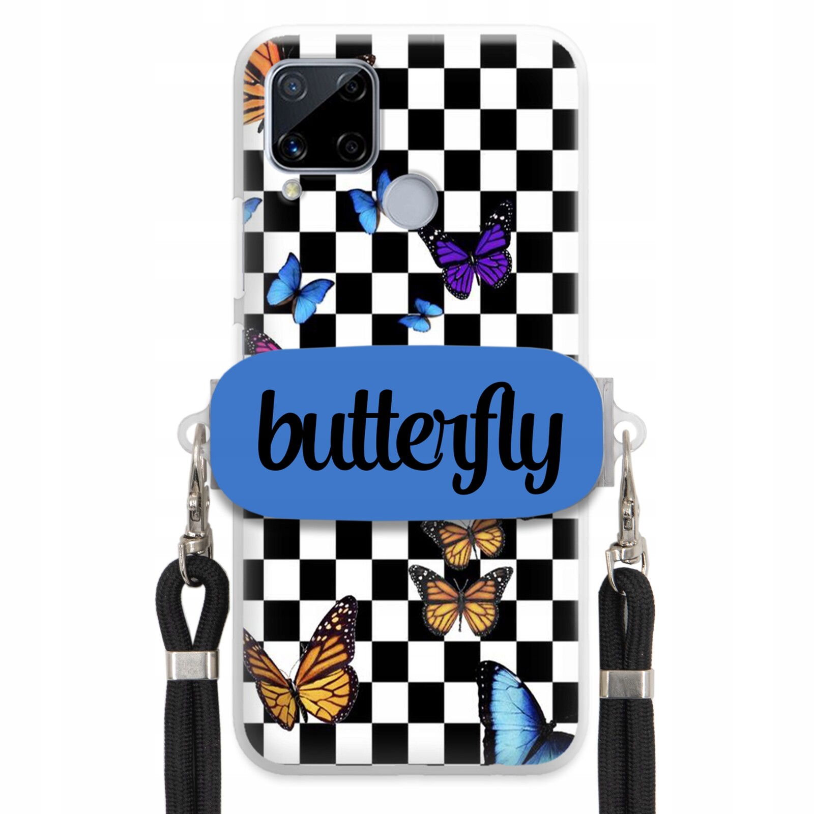 Pouzdro Pro Realme C15 Case Obdélníkový Držák, Černé Vodítko, Motýli