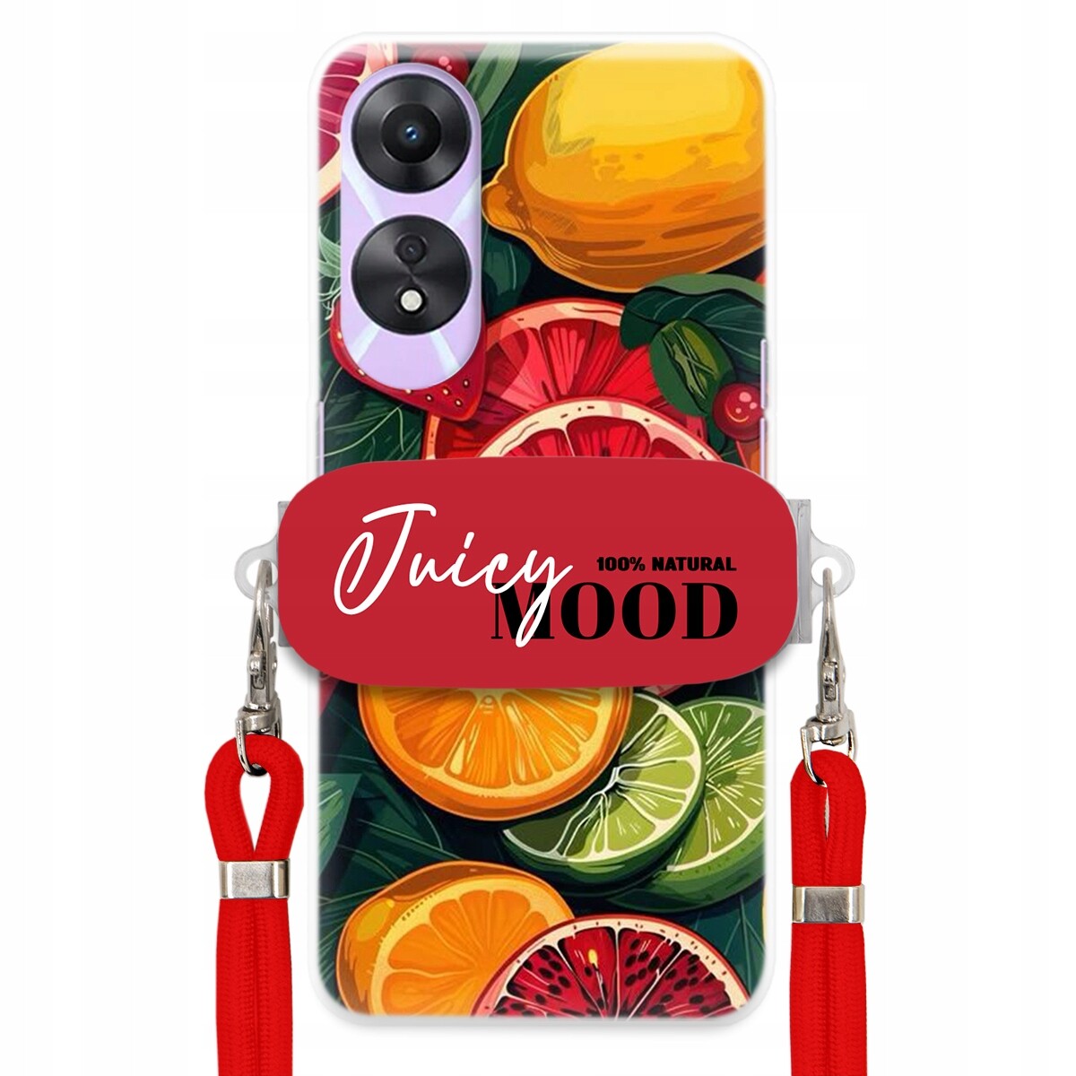 Pouzdro pro Oppo A58 5G Červené vodítko Crossbody+ Držák Módní Juice Mood Ovoce