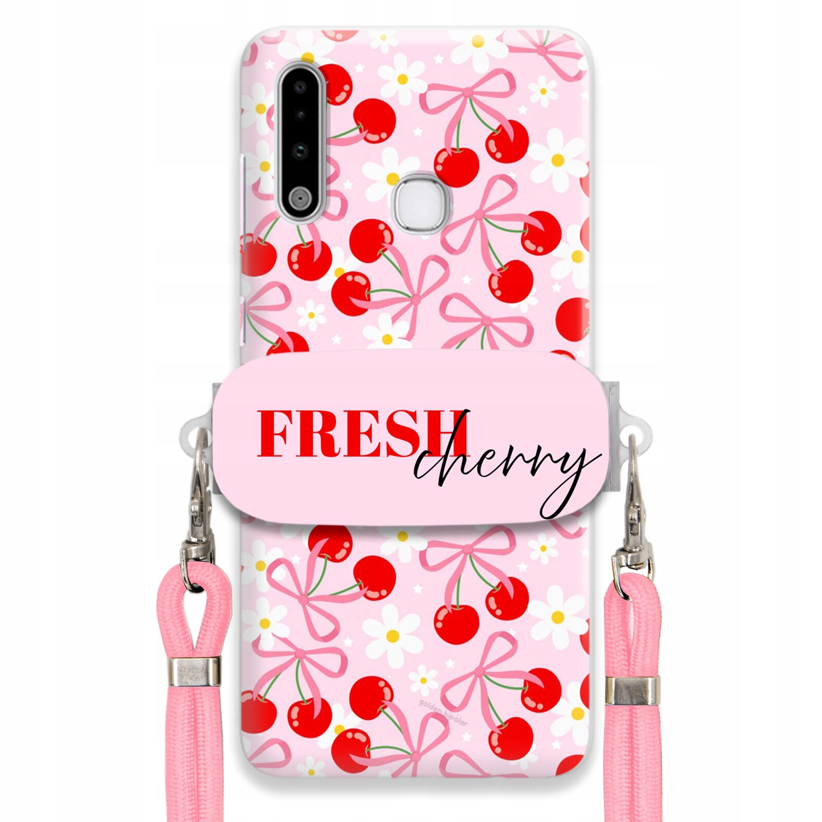 Pouzdro pro Samsung A70e Case Držák Šňůrka Růžová Fresh Cherry Kokardy