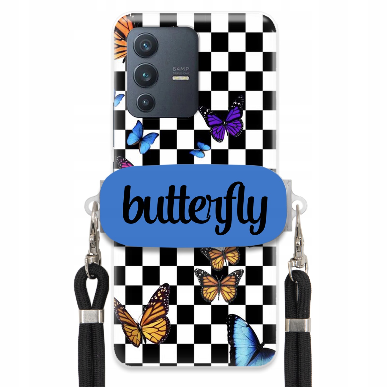 pouzdro na Vivo V23 Case Obdélníkový Úchyt Vodítko Butterfly Motýli Šachovnice