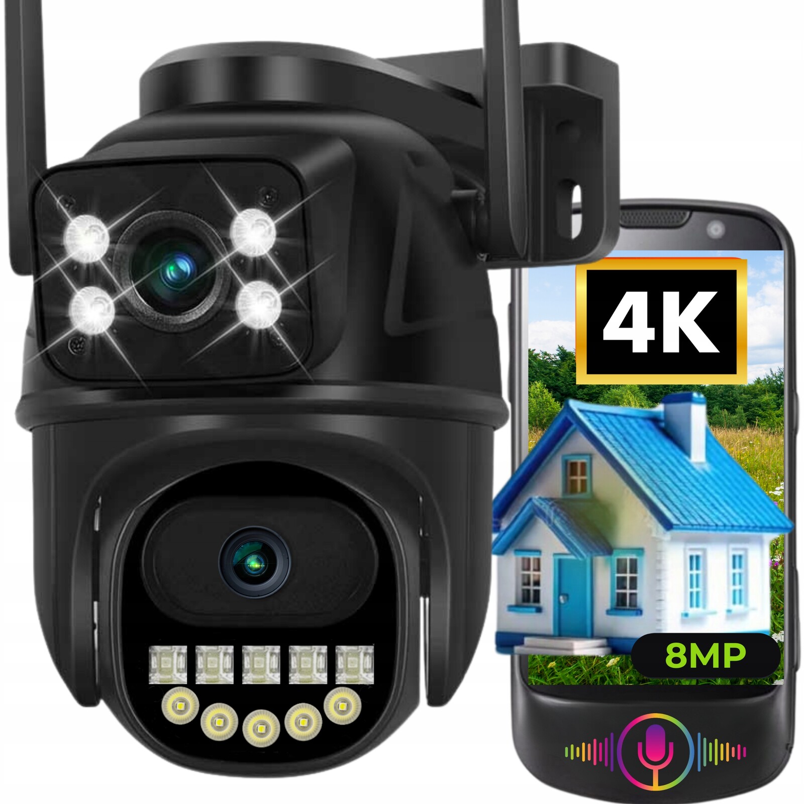 Dvojitá Wifi Ip kamera Venkovní otočná Ultra Hd detekce 8MPX Mikrofon