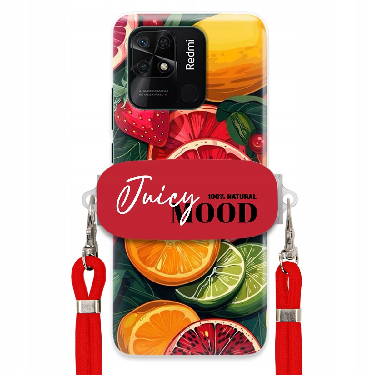 Pouzdro pro Xiaomi Redmi 10C 4G Červené vodítko Držák Fruit Ovoce Juice Mood