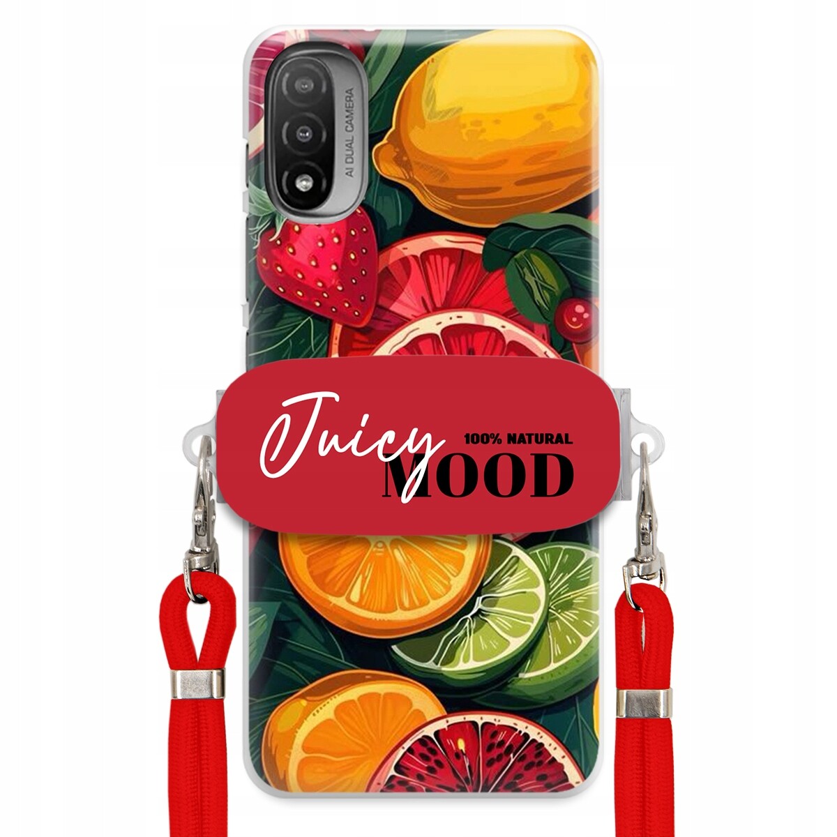 Pouzdro pro Motorola E40 Červené Crossbody vodítko Držák Juice Mood Ovoce