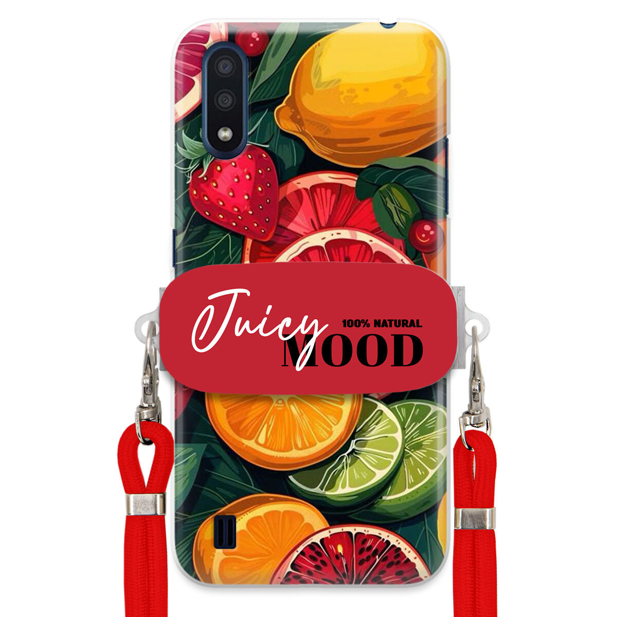 Pouzdro pro Samsung M01 Červené Crossbody vodítko Držák Juice Mood Ovoce