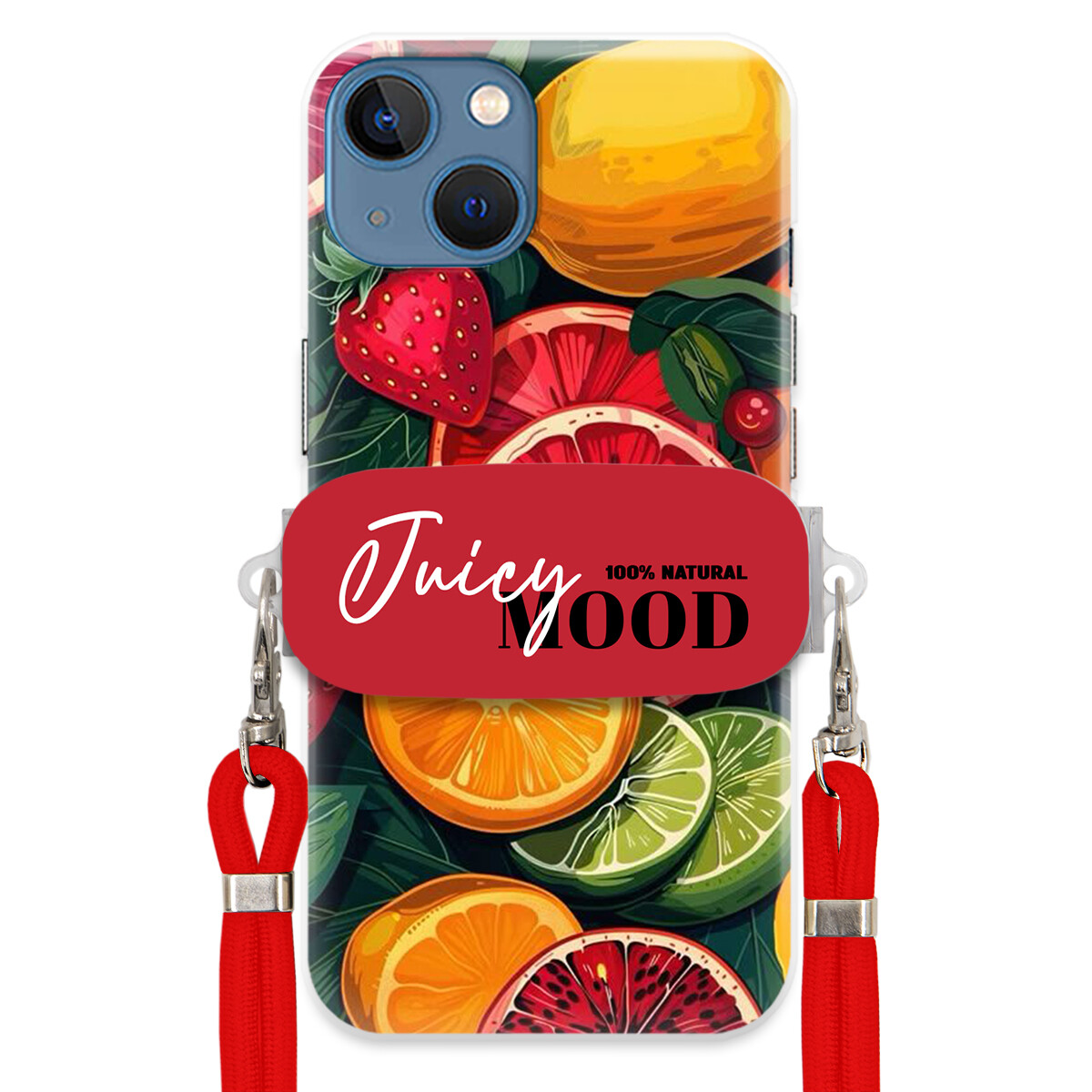 Pouzdro pro iPhone 14 Červené vodítko Crossbody+ Držák Módní Juice Mood Ovoce