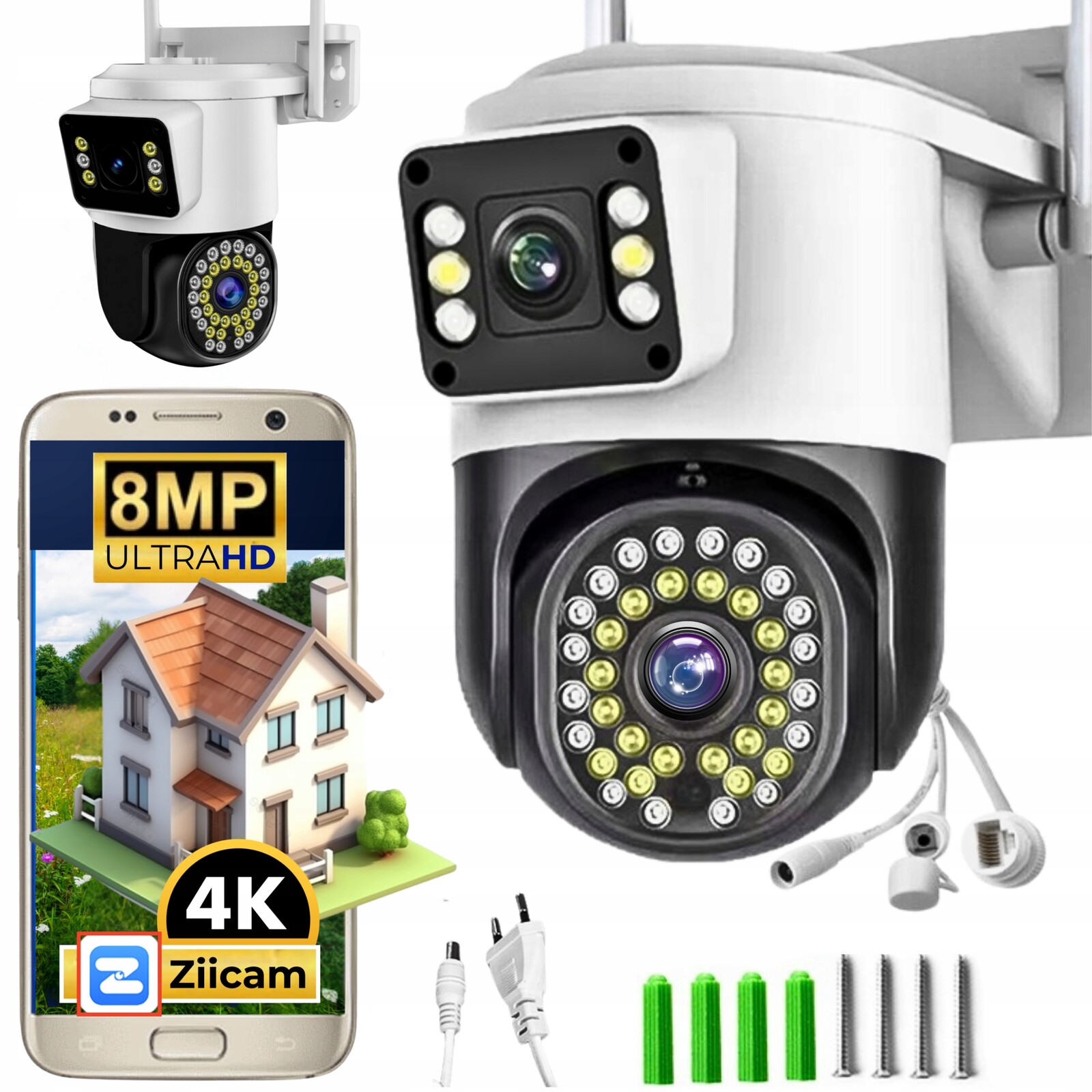 Dvojitá Venkovní Wifi kamera 8MPx Otočná Ultra Hd Bílá Zoom Detekce