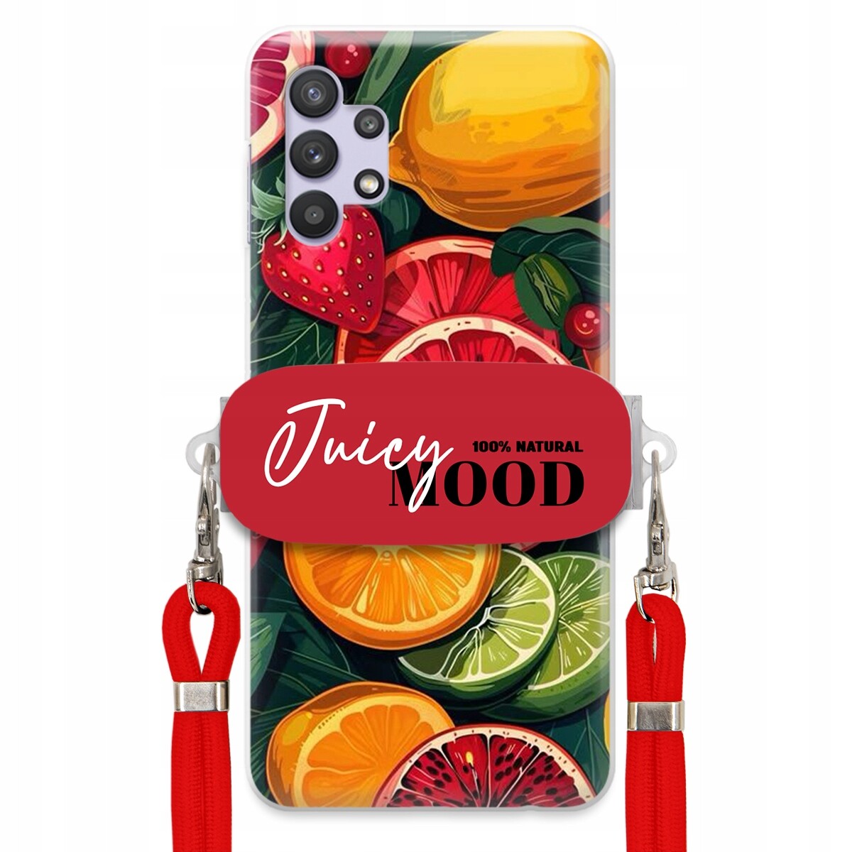 Pouzdro pro Samsung A32 Červené vodítko Crossbody+ Držák Módní Juice Mood Ovoce