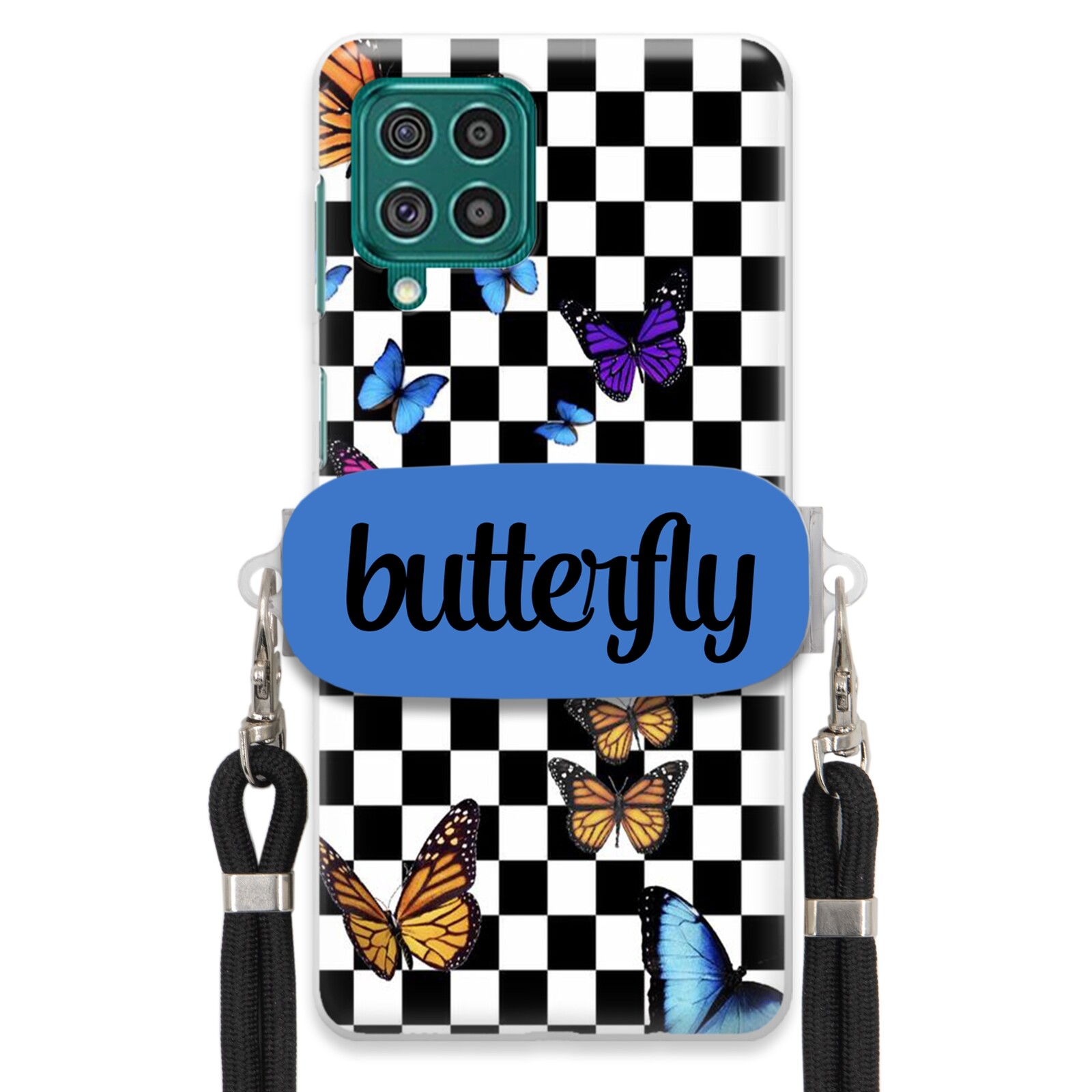 Pouzdro Pro Samsung F62 Case Obdélníkový Úchyt Černé Vodítko Butterfly Motýli