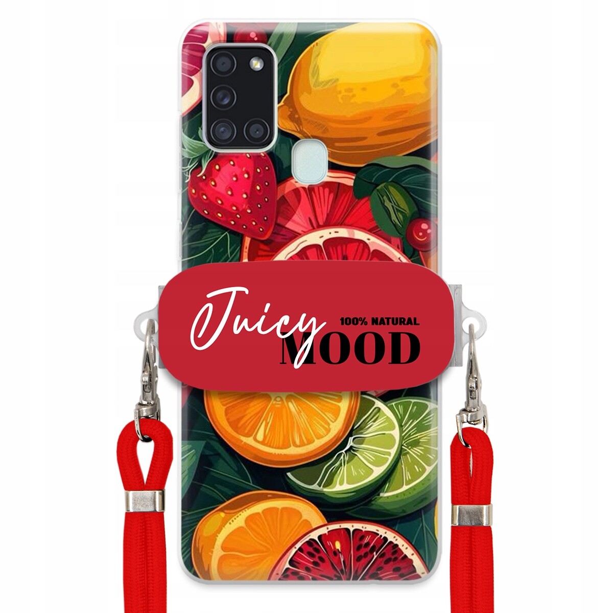 Pouzdro pro Samsung A21s Červené Crossbody vodítko Držák Juice Mood Ovoce