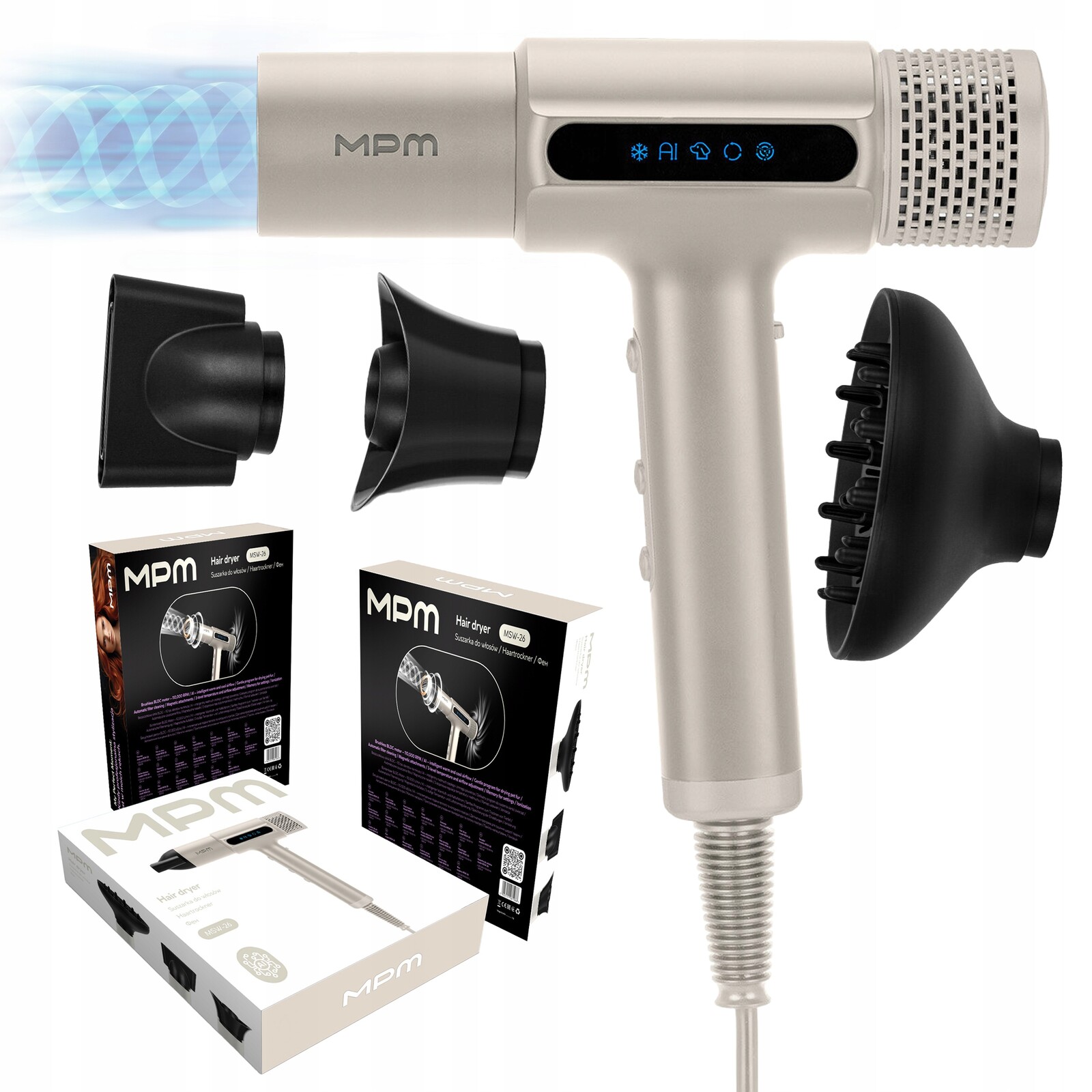 Vysoušeč vlasů funkce Ai ionizace difuzér přívod vzduchu GLOW&flow Mpm MSW-26