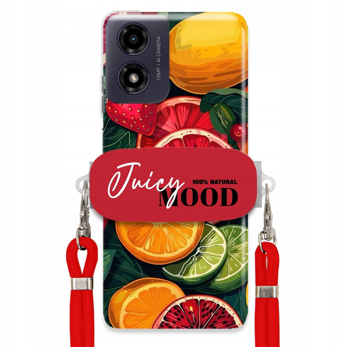 Pouzdro pro Motorola G24 Červené Crossbody vodítko Držák Juice Mood Ovoce