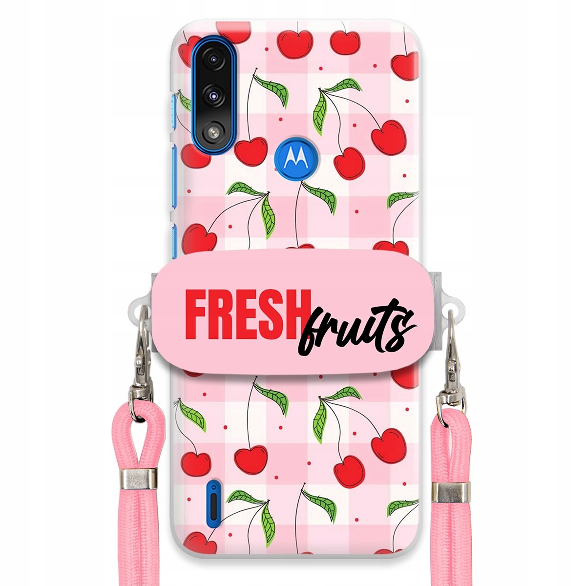 Pouzdro pro Motorola E7 Power Case Držák Šňůrka Růžová Fresh Fruits Mřížka