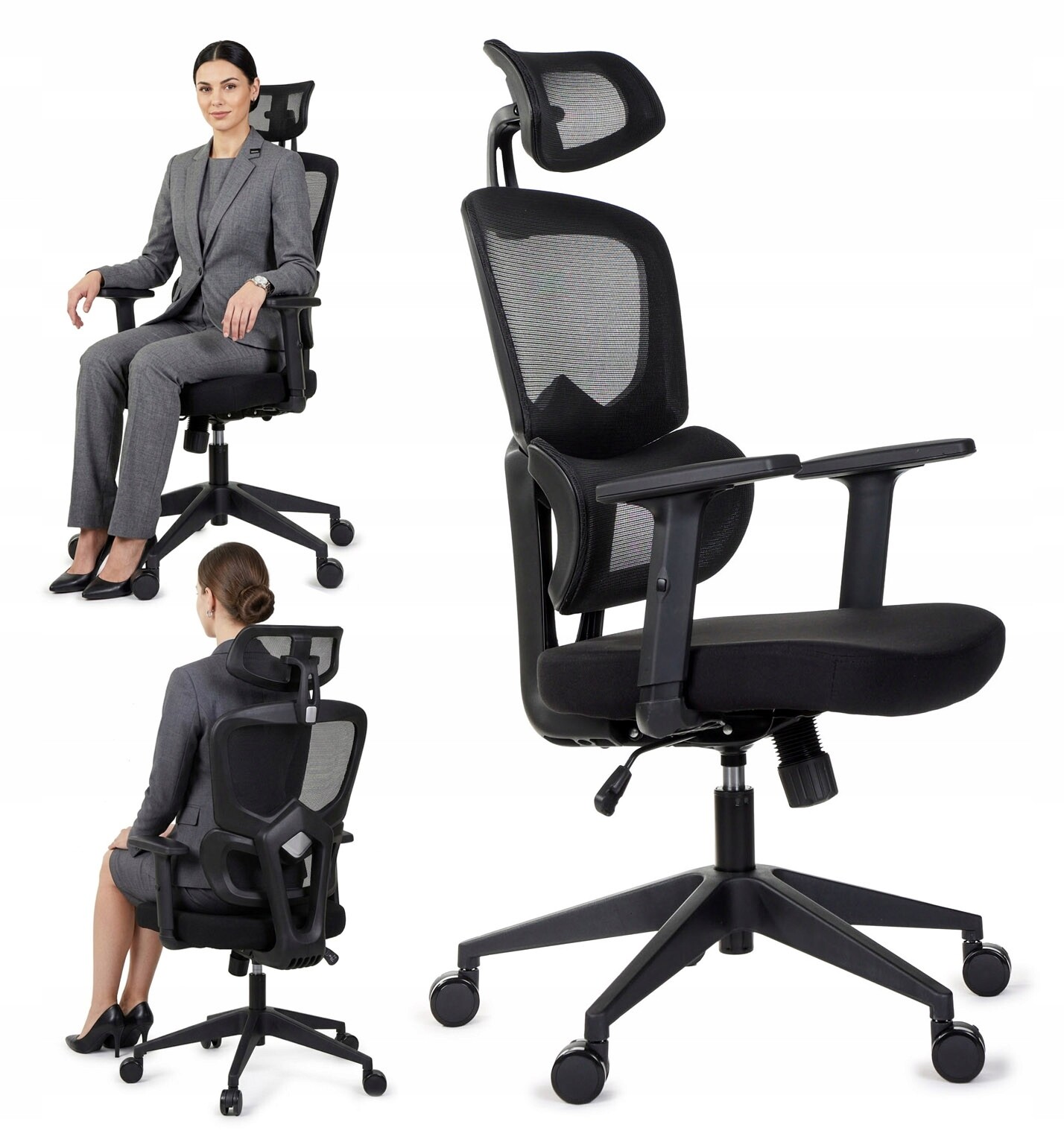 Ergonomické pohodlné kancelářské křeslo, nastavitelné područky a opěrka hlavy Bozp