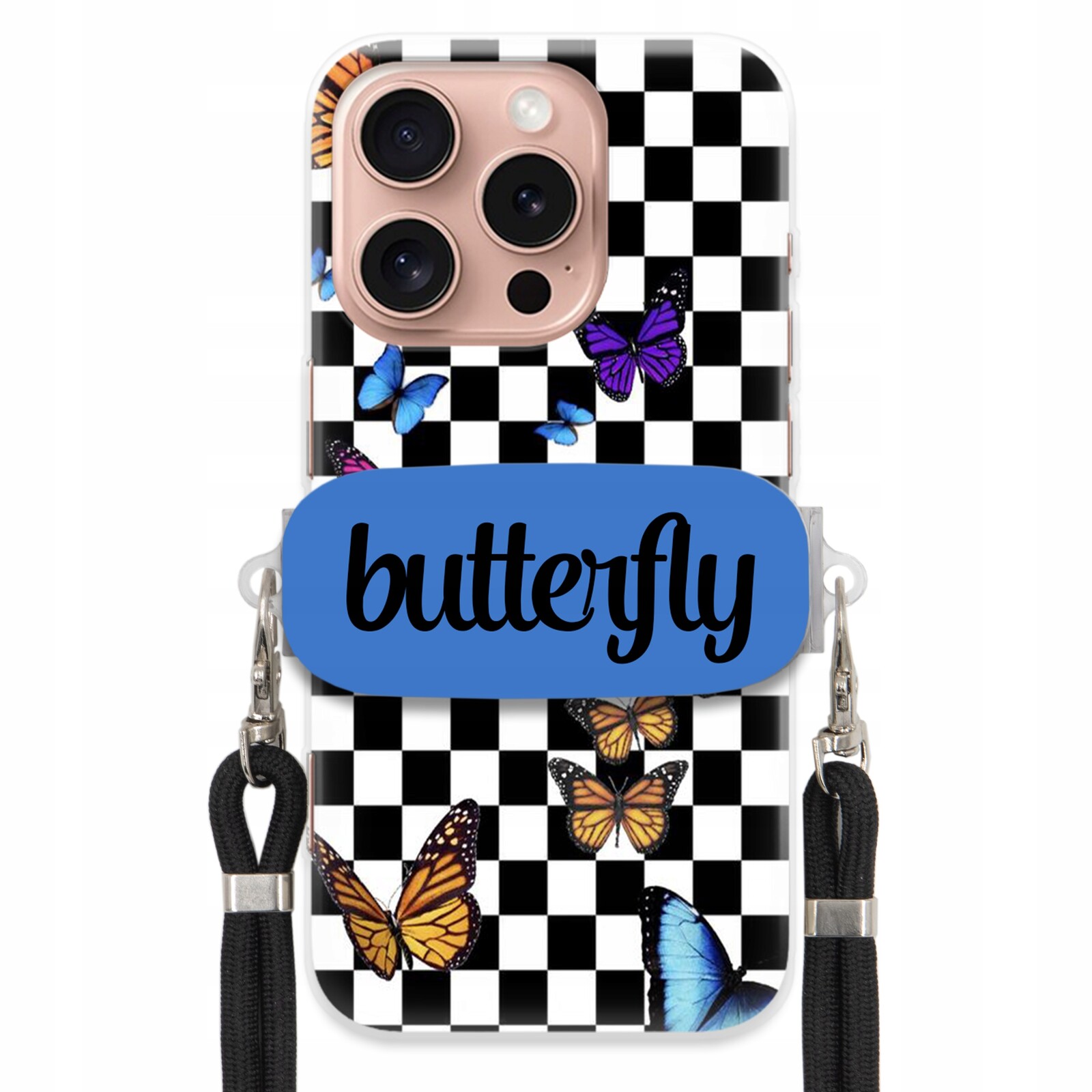 Pouzdro Pro Iphone 16 Pro Case Obdélníkový Držák Černé Smyčky Butterfly Motýli