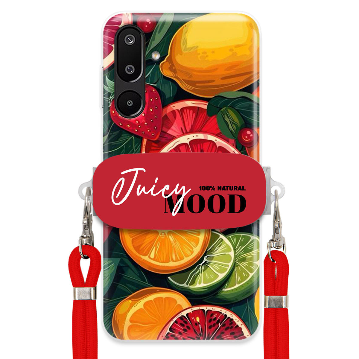 Pouzdro pro Samsung M16 Červené vodítko Crossbody+ Držák Módní Juice Mood Ovoce