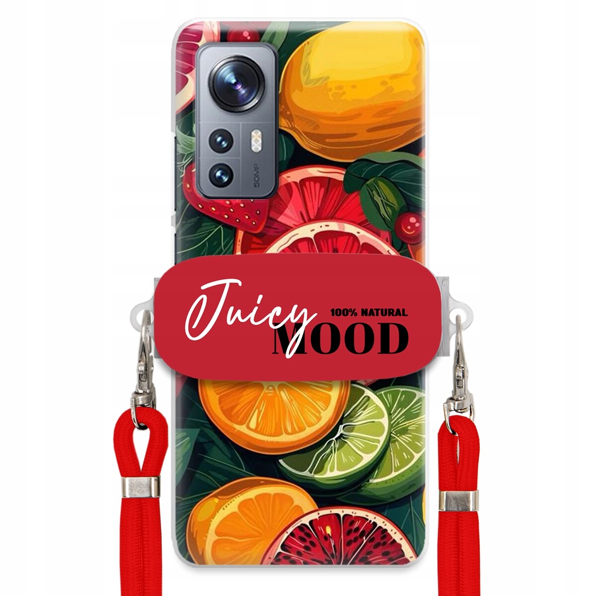 Pouzdro pro Xiaomi 12 5G Červené Crossbody vodítko Držák Juice Mood Ovoce