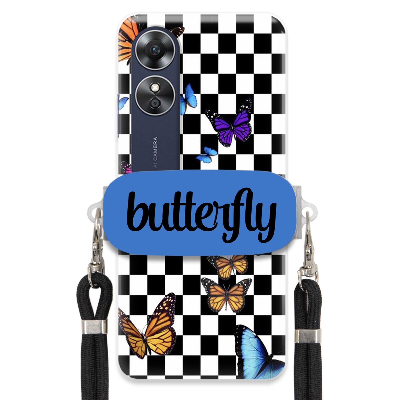 Pouzdro Pro Oppo A17 Case Obdélníkový Úchyt Vodítko Butterfly Motýli Šachovnice