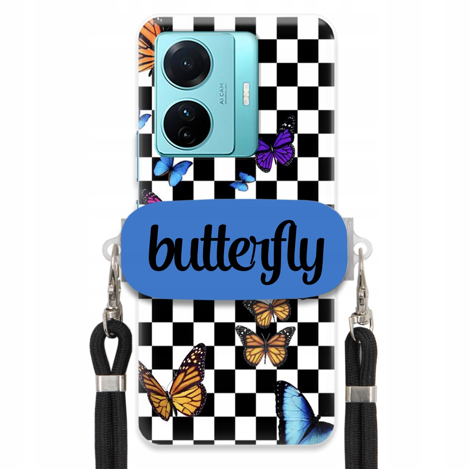 pouzdro na Vivo S15 E Case Obdélníkový Úchyt Černé Vodítko Motýli