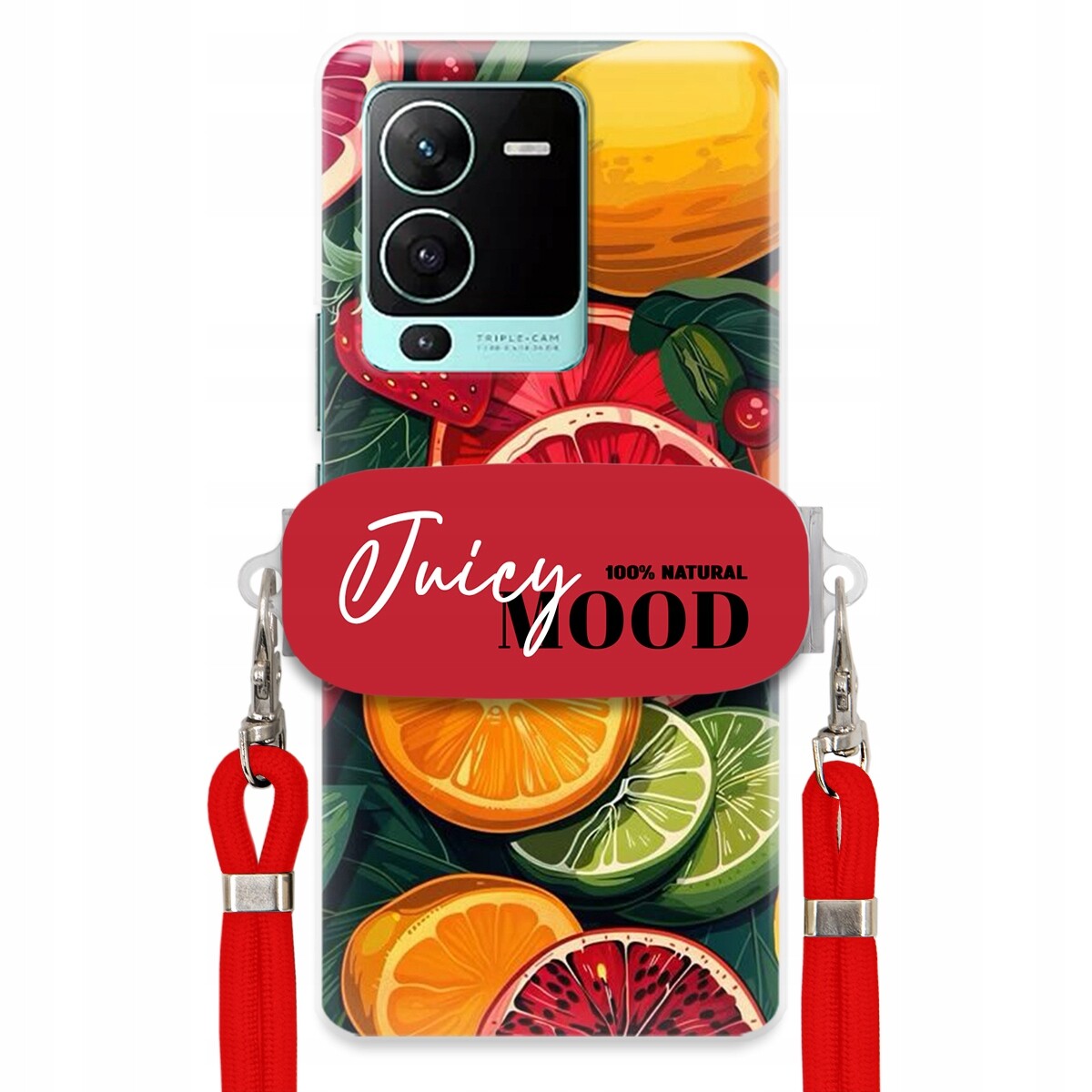 pouzdro na Vivo S15 Pro Červené Crossbody vodítko Držák Juice Mood Ovoce