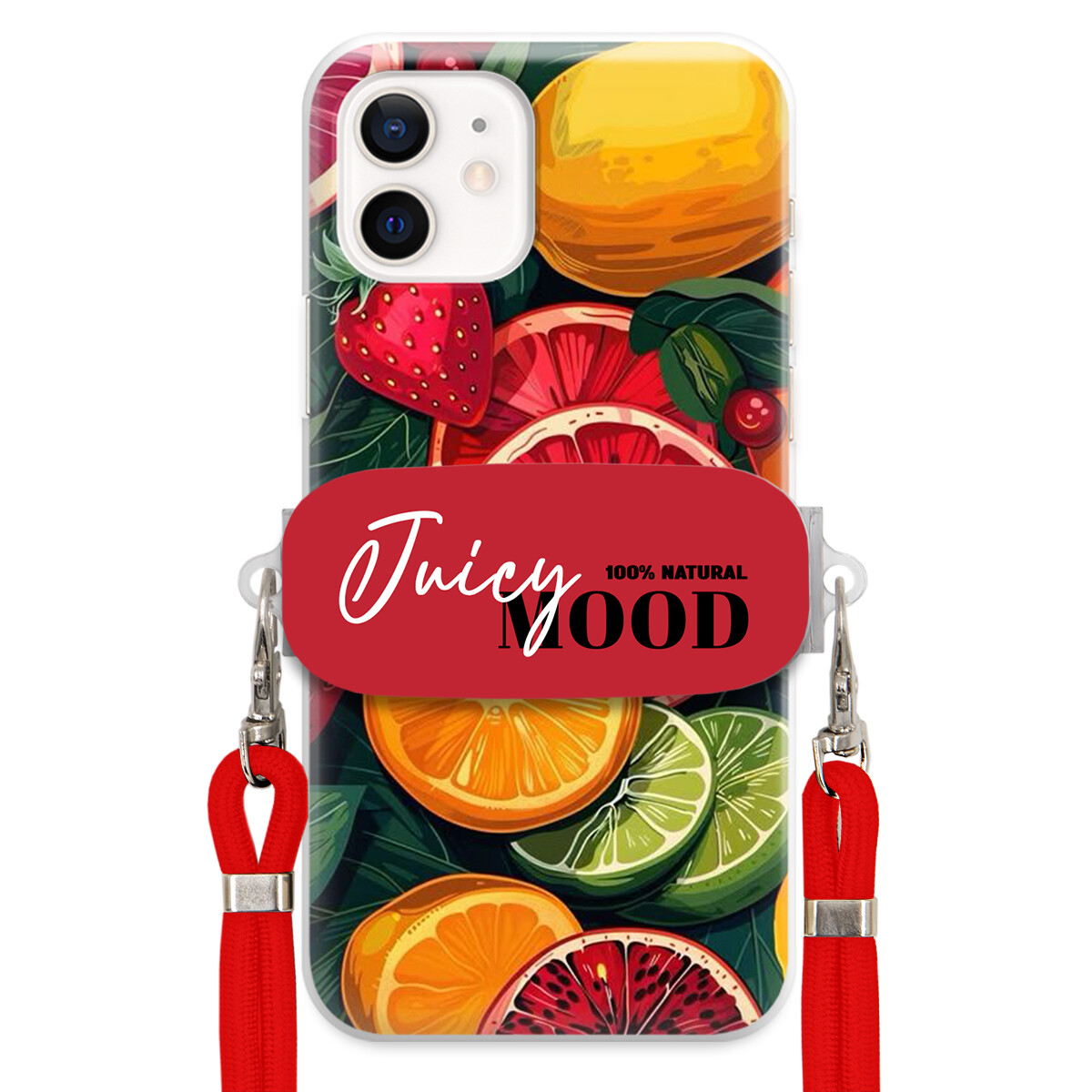 Pouzdro pro iPhone 12 Červené vodítko Crossbody+ Držák Módní Juice Mood Ovoce