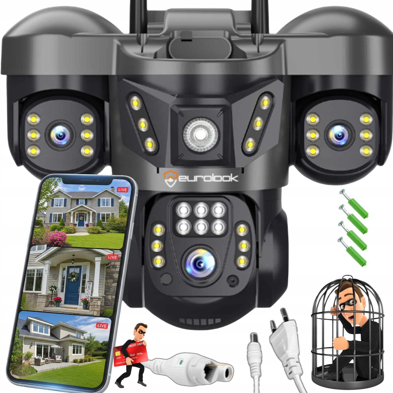 Venkovní Ip Wifi kamera Vodotěsná 3 objektivy Trojitá Ai 6mp Mikrofon