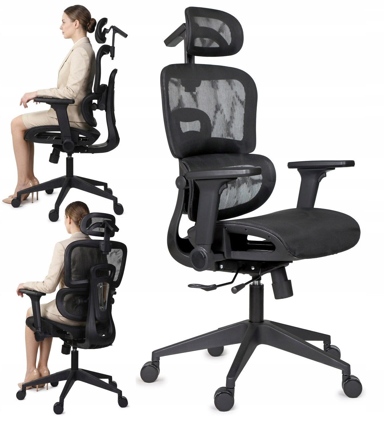 Ergonomická kancelářská židle s plným nastavením pro područky, opěrku hlavy, bedra