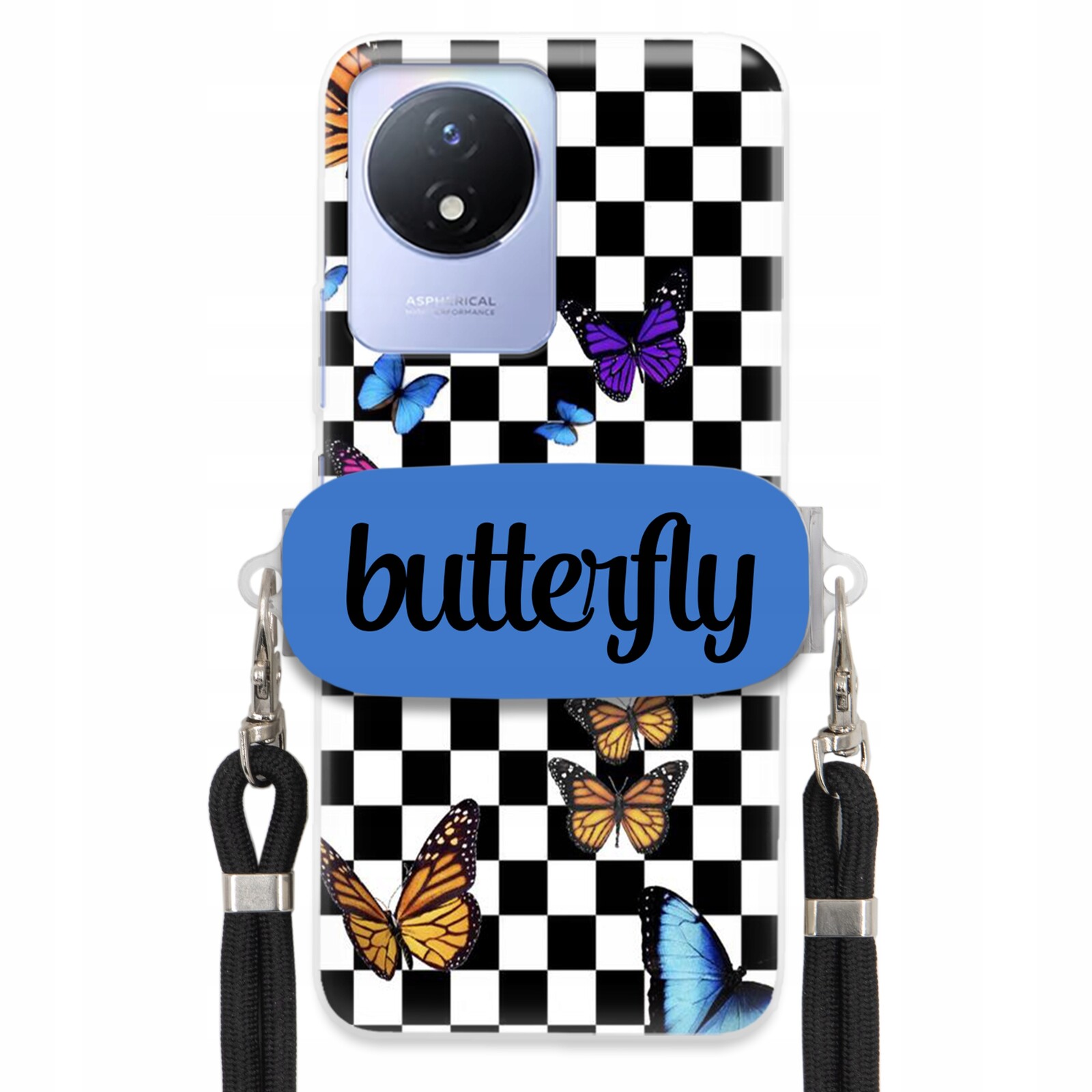 pouzdro na Vivo Y02 Case Obdélníkový Úchyt Vodítko Butterfly Motýli Šachovnice