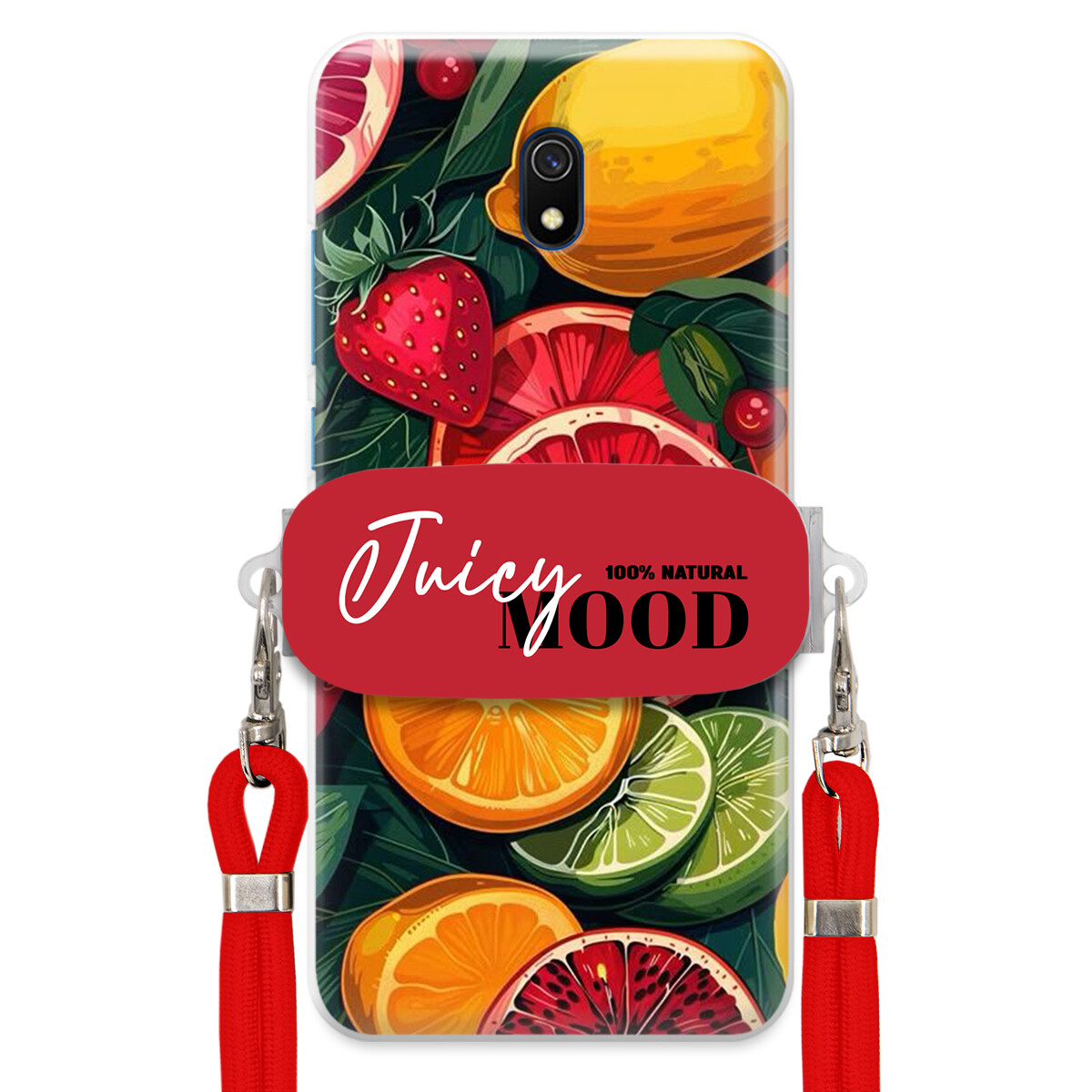 Pouzdro pro Xiaomi Redmi 8A Červené vodítko Crossbody+ Držák Juice Mood Ovoce