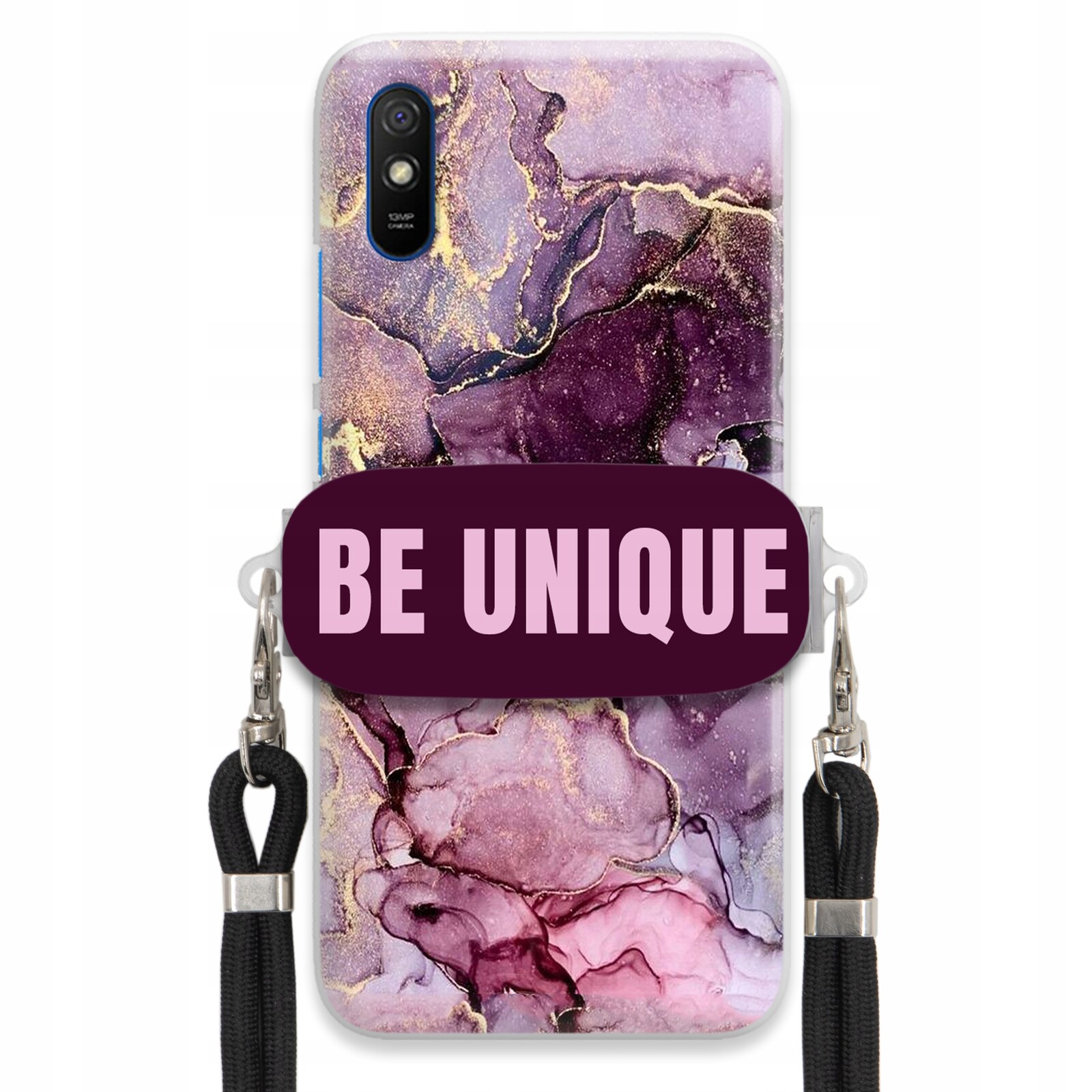 Pouzdro pro Xiaomi Redmi 9A úchytka na šňůrku Černá Fialová Mramor Be Unique