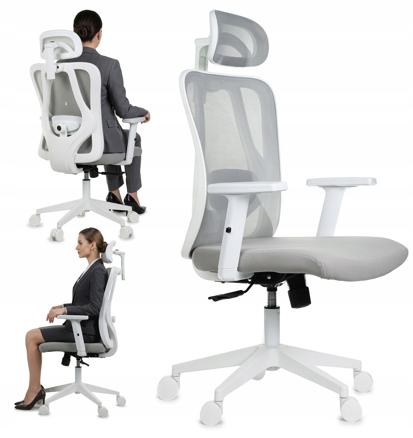 Kancelářská židle ergonomická, pohodlná, šedá, bílá, opěrka hlavy, bederní opěrka