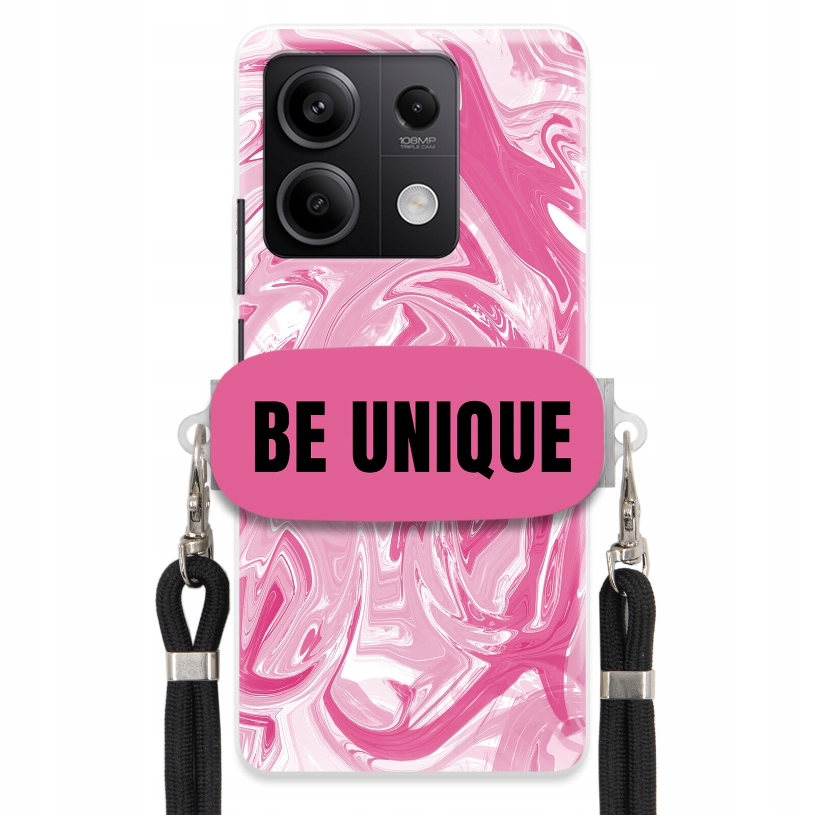 Pouzdro pro Xiaomi Redmi Note 13 5G Case úchytka na šňůrku, černý růžový mramor