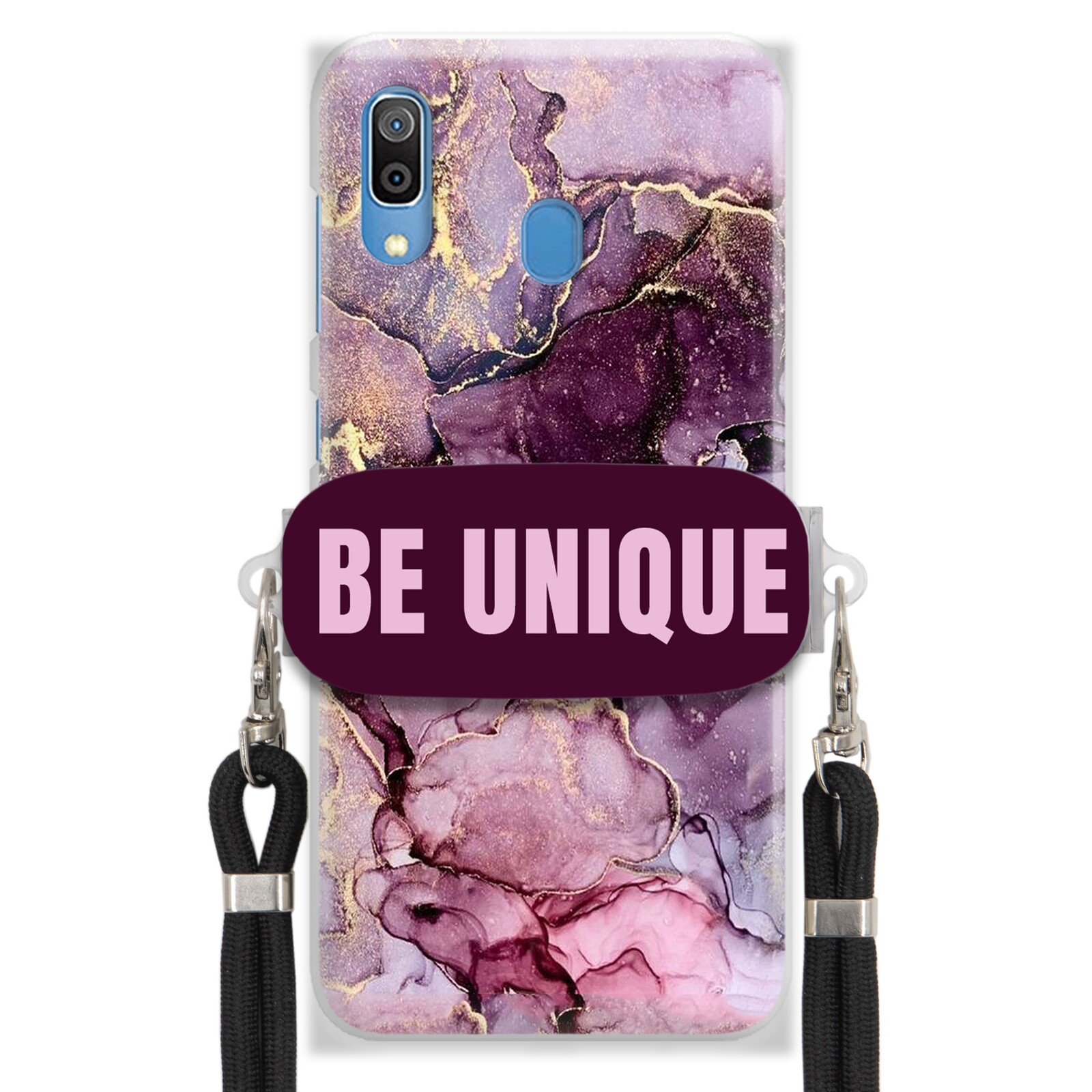 Pouzdro Premium pro Samsung A30 Case úchytka na šňůrku, černá fialová barva, mramor