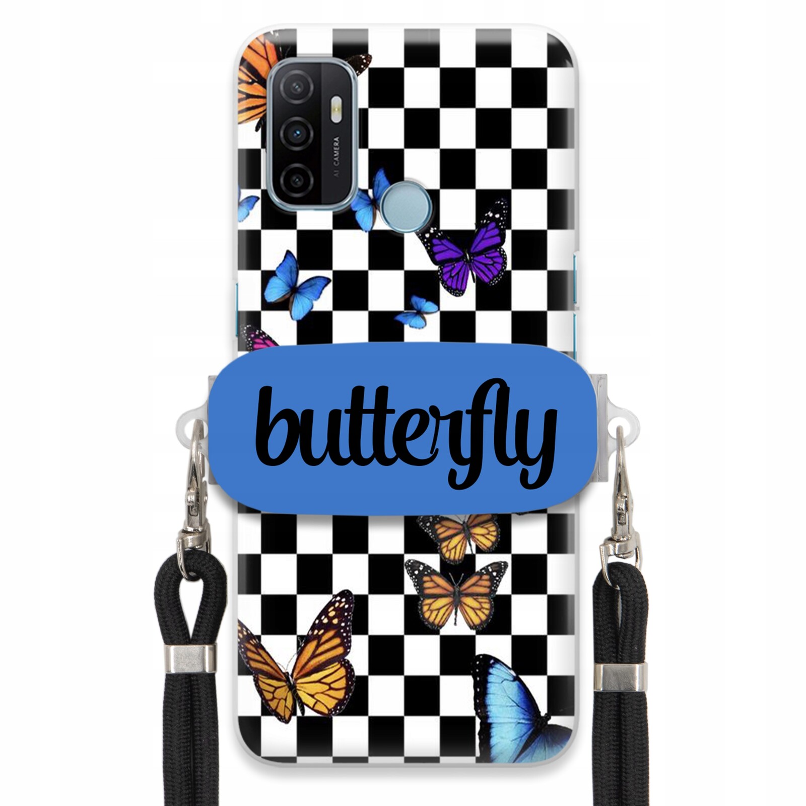 Pouzdro Pro Oppo A53s Case Obdélníkový Držák Černé Smyčky Butterfly Motýli