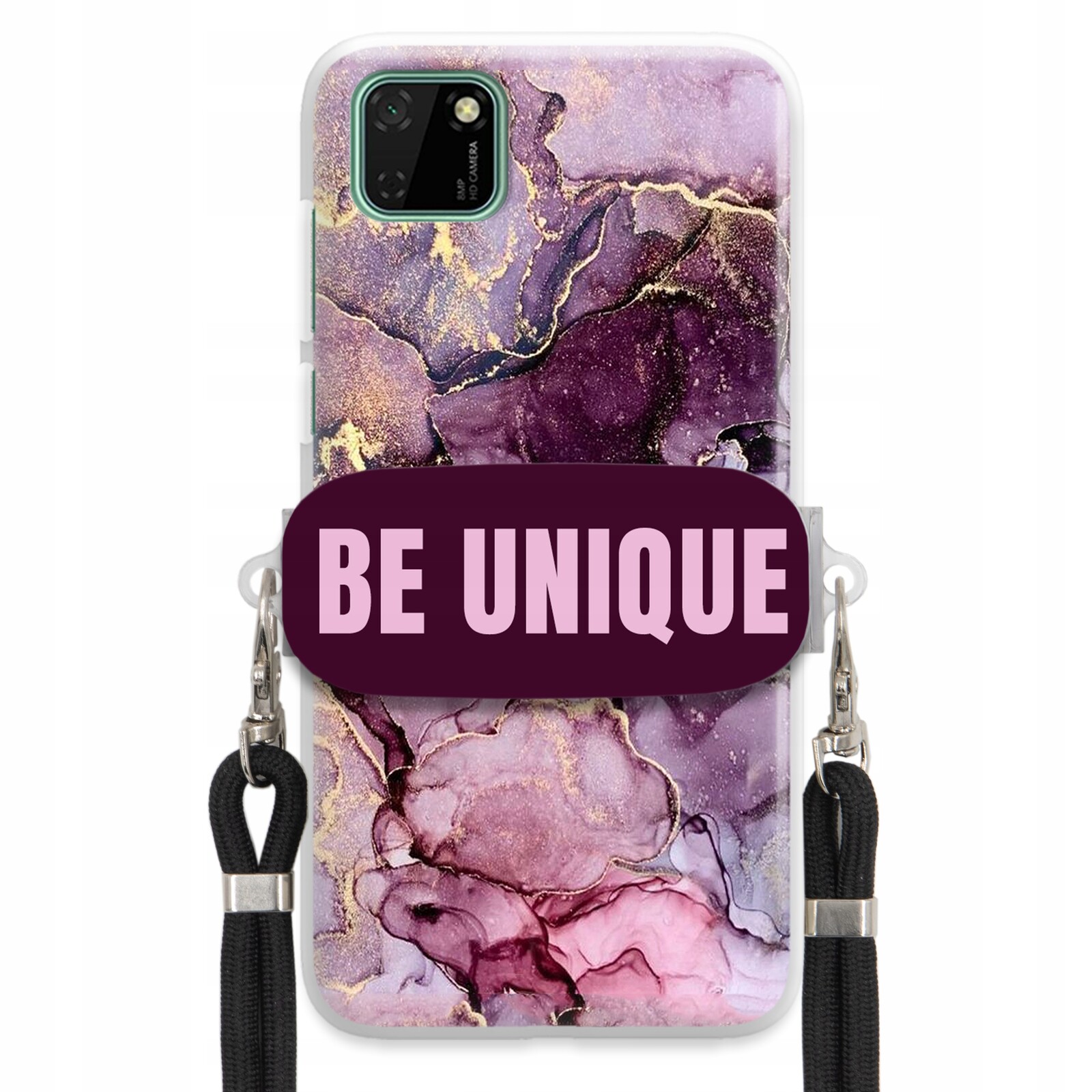 Pouzdro pro Huawei Y5P úchytka na šňůrku, černá fialová barva, mramor