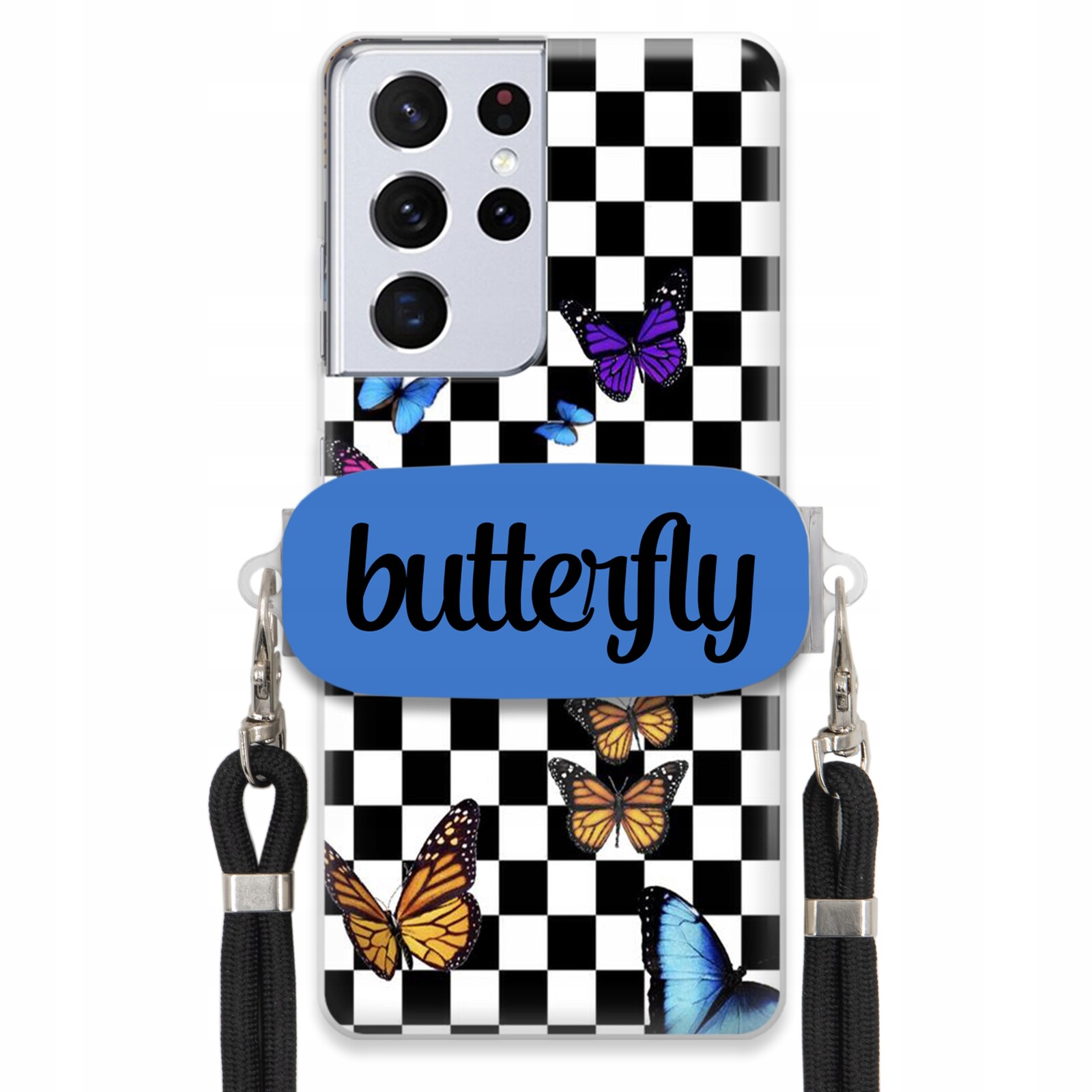 Pouzdro Pro Samsung S21 Ultra Case Obdélníkový Úchyt Vodítko Butterfly Motýli