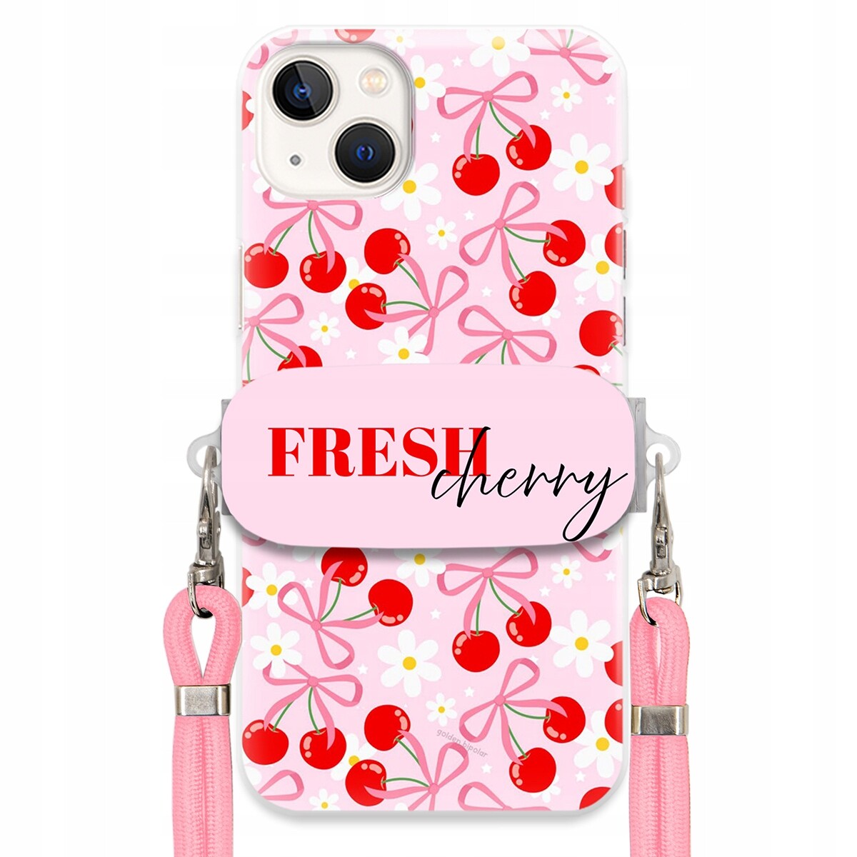 Pouzdro pro iPhone 15 Plus Case Držák Šňůrka Růžová Fresh Cherry Kokardy