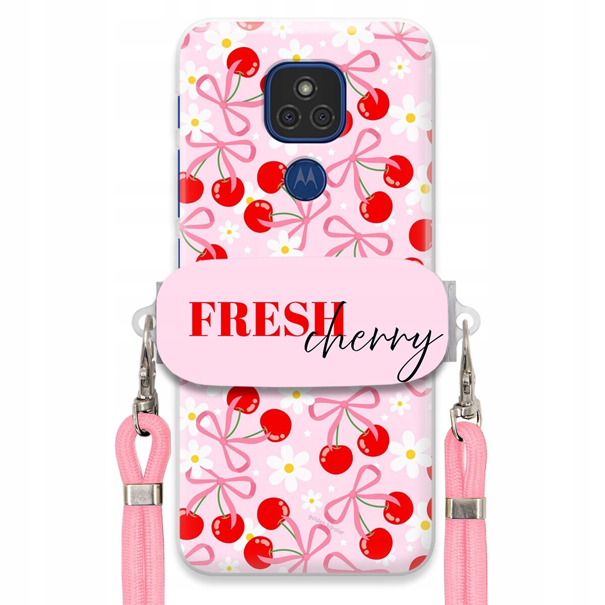 Pouzdro pro Motorola E7 Plus Case Držák Šňůrka Růžová Fresh Cherry Mašle