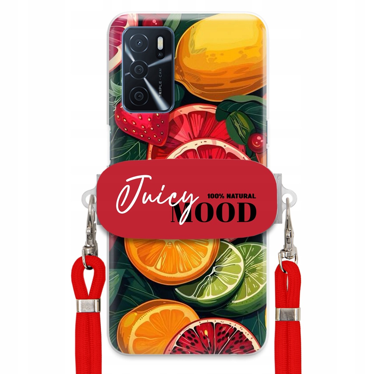 Pouzdro pro Oppo A16s Červené vodítko Crossbody+ Držák Módní Juice Mood Ovoce