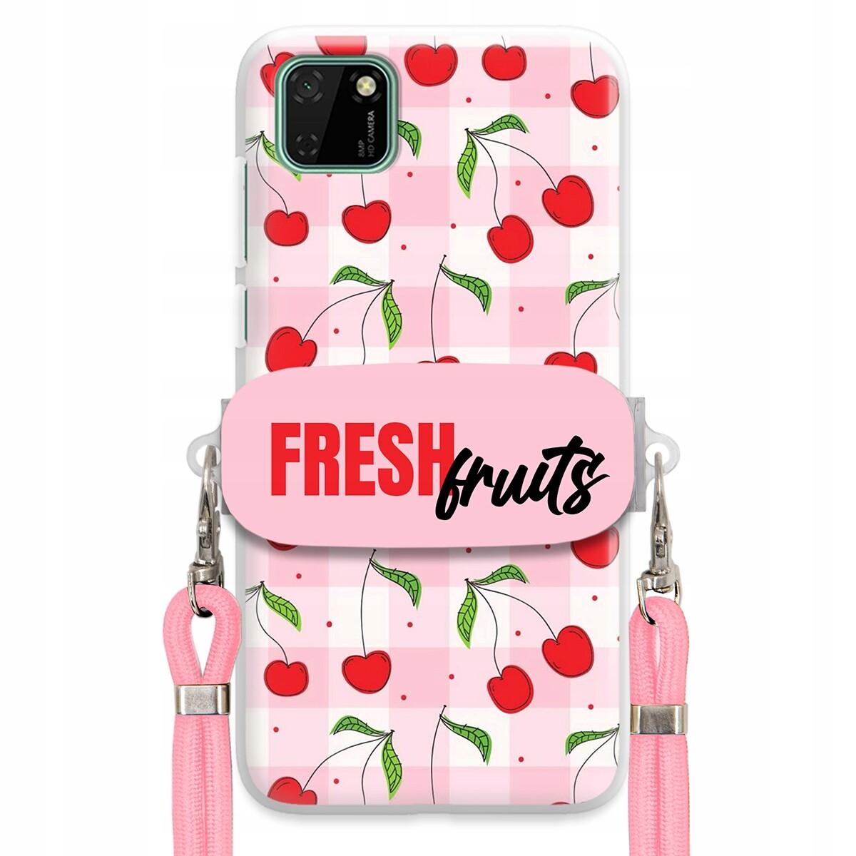 Pouzdro pro Huawei Y5P Case Držák Šňůrka Růžová Fresh Fruits Mřížka Ovoce