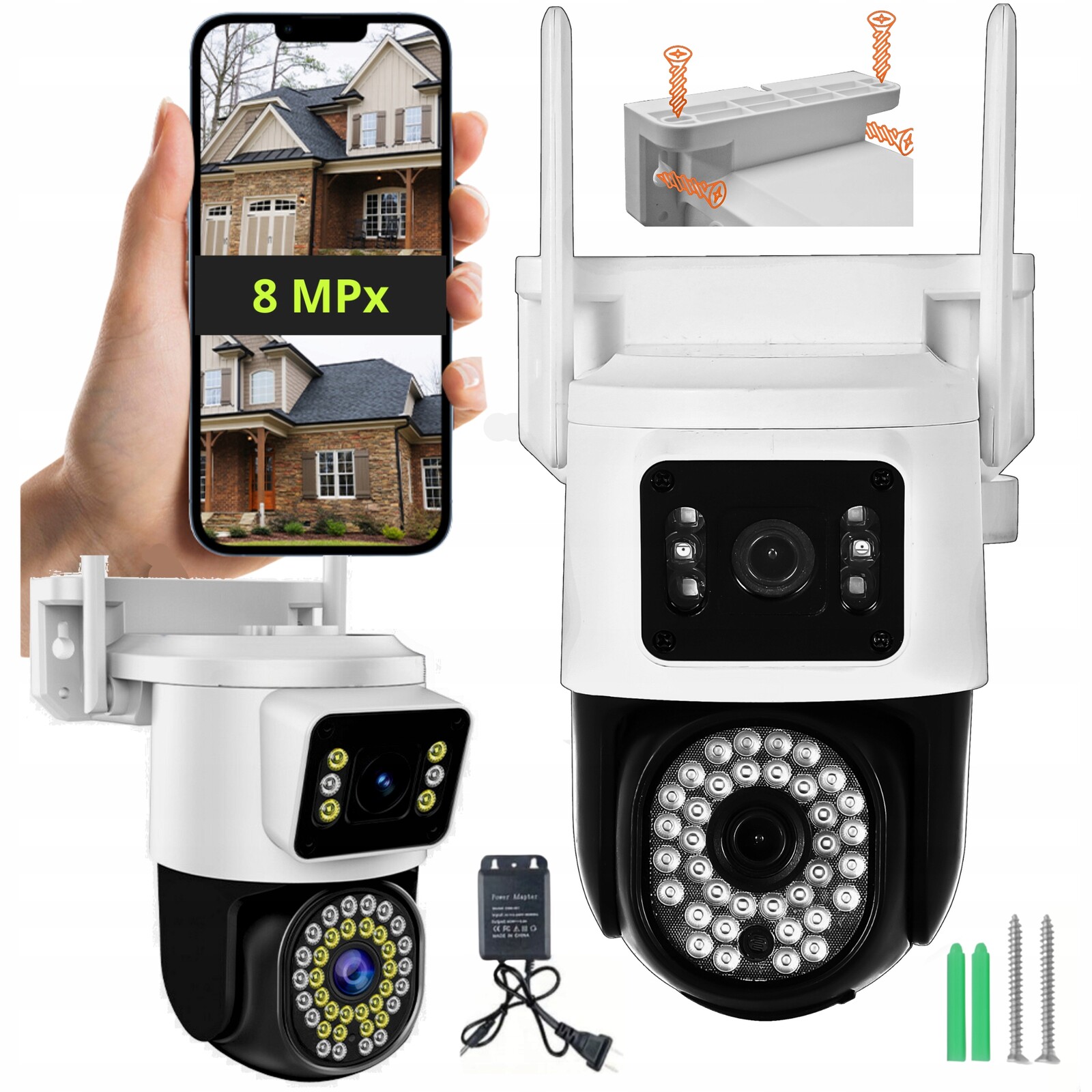 Dvojitá venkovní Wifi kamera 8MPx Otočná Quad Hd Bílá Zoom Aplikace