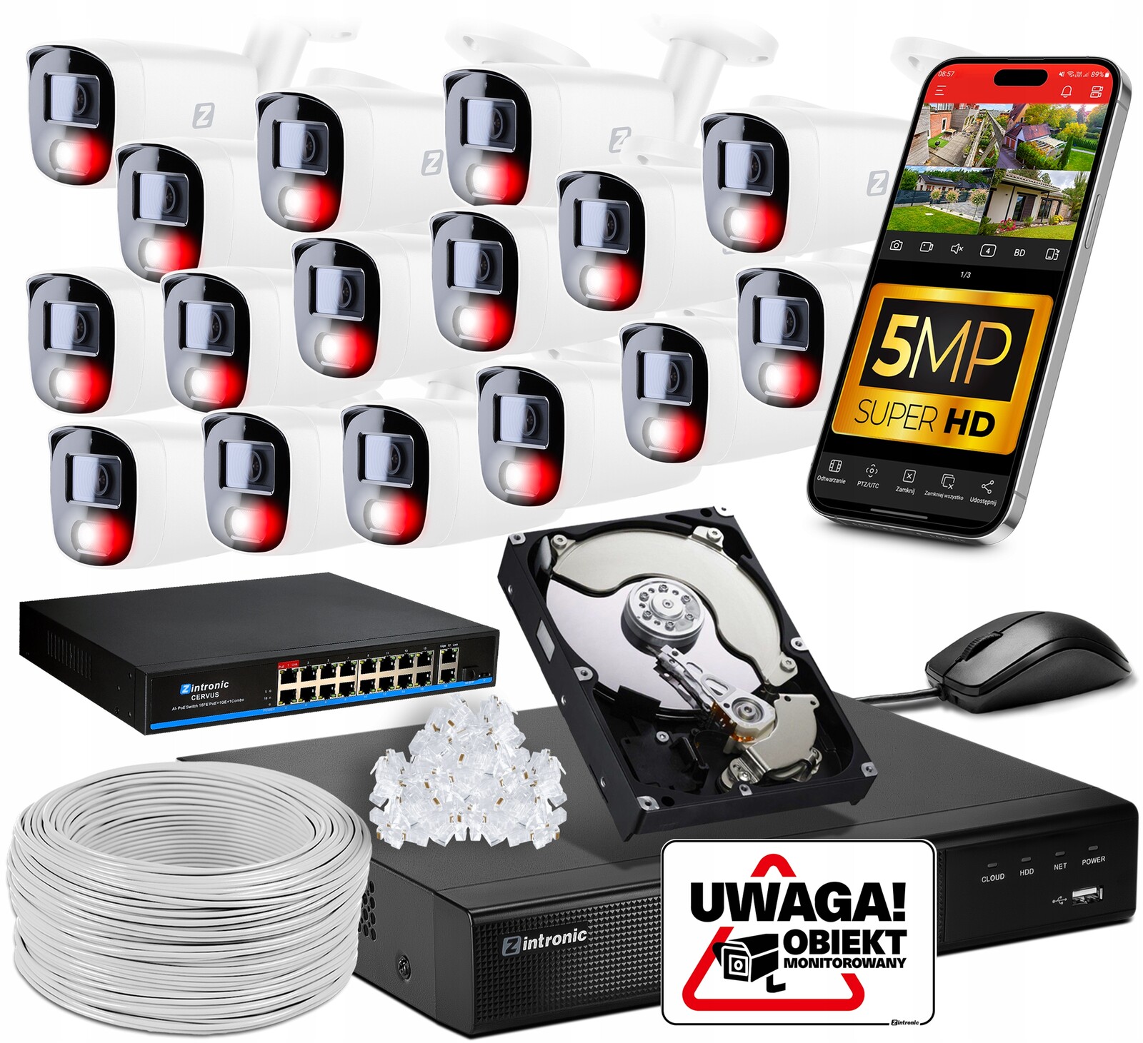 Monitorovací Sada 5MPX Ip Poe 16 Kamer 2TB Audio Detekce Lidí Přepínač