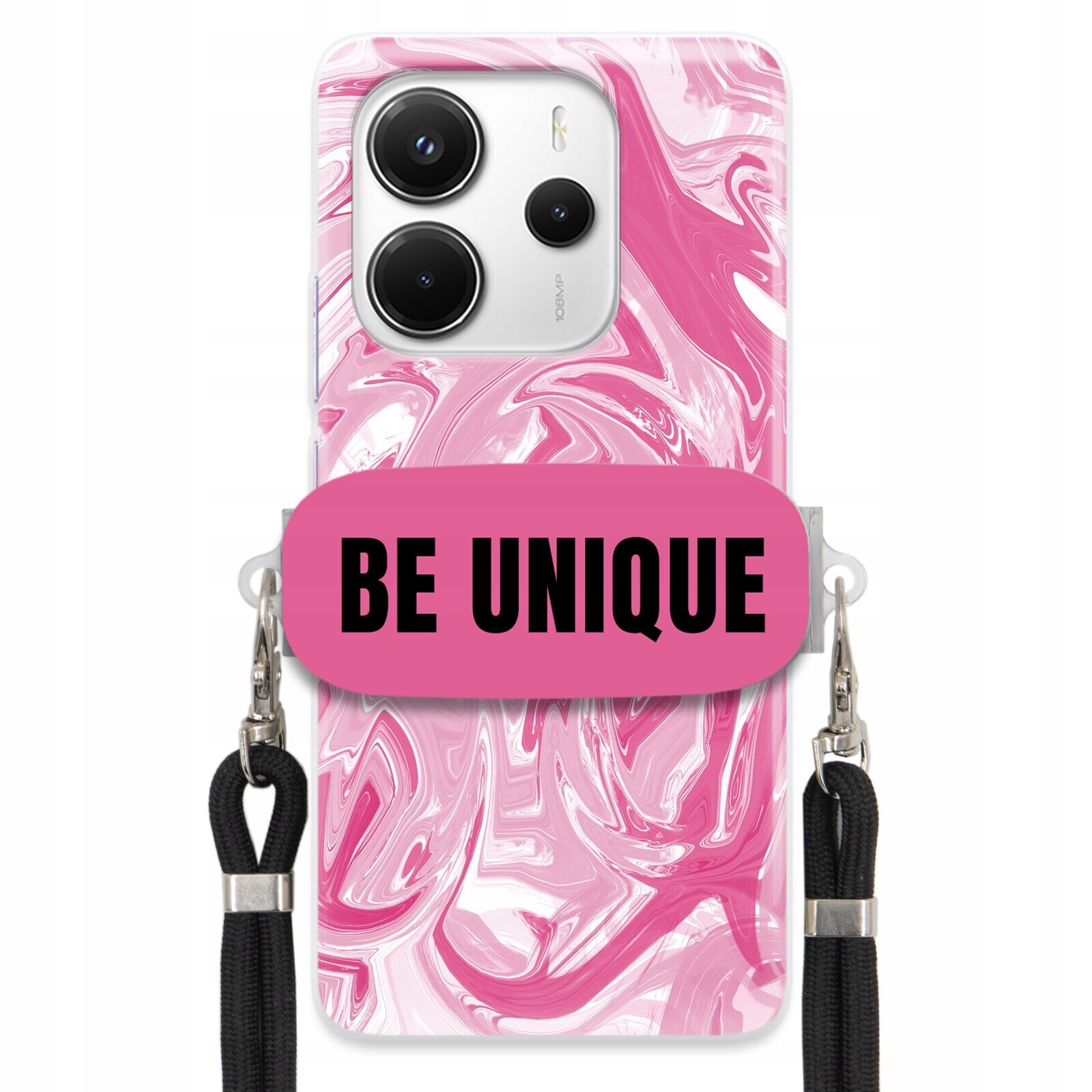 Pouzdro pro Xiaomi Redmi Note 14 4G Case úchytka na šňůrku, černý růžový mramor