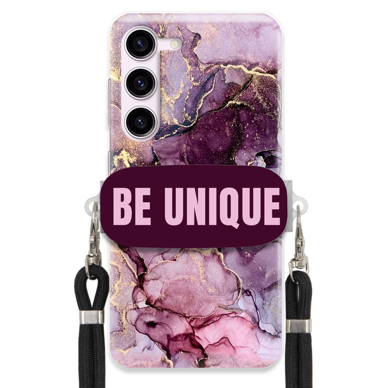 Pouzdro pro Samsung S23 Fe úchytka pro šňůrku Černá Fialová Mramor Be Unique