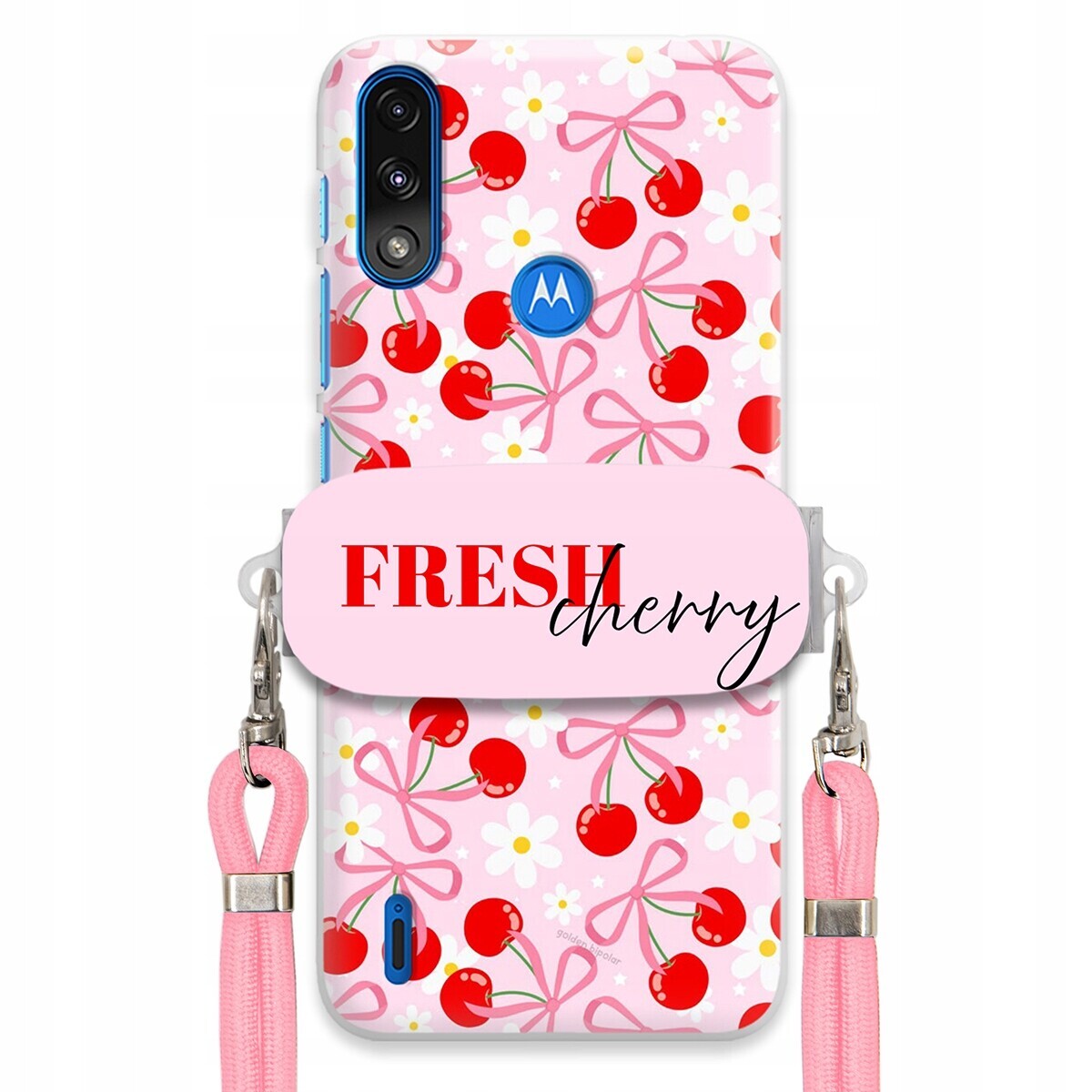 Pouzdro pro Motorola E7 Power Case Držák Šňůrka Růžová Fresh Cherry Mašle