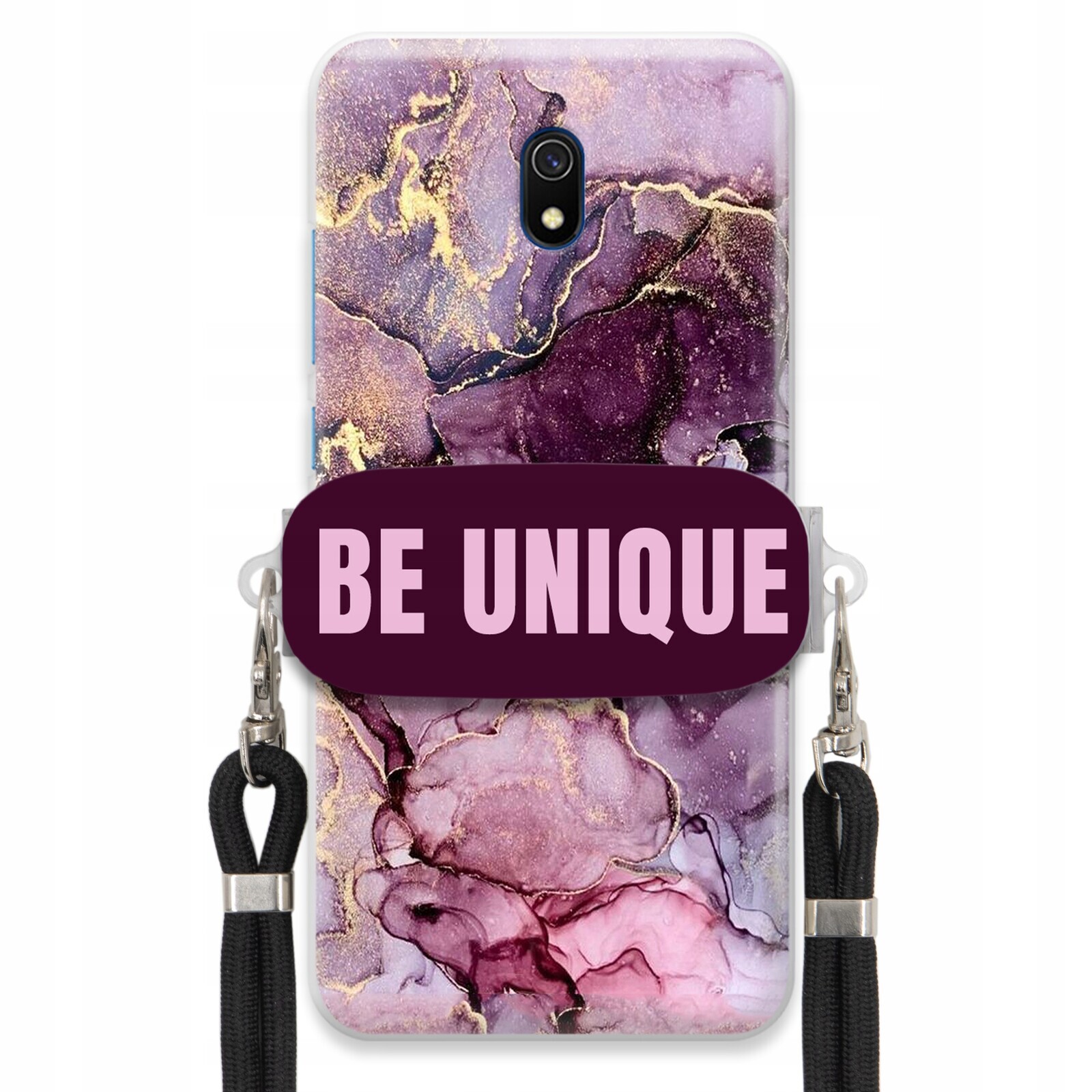 Pouzdro pro Xiaomi Redmi 8A úchytka na šňůrku Černá Fialová Mramor Be Unique